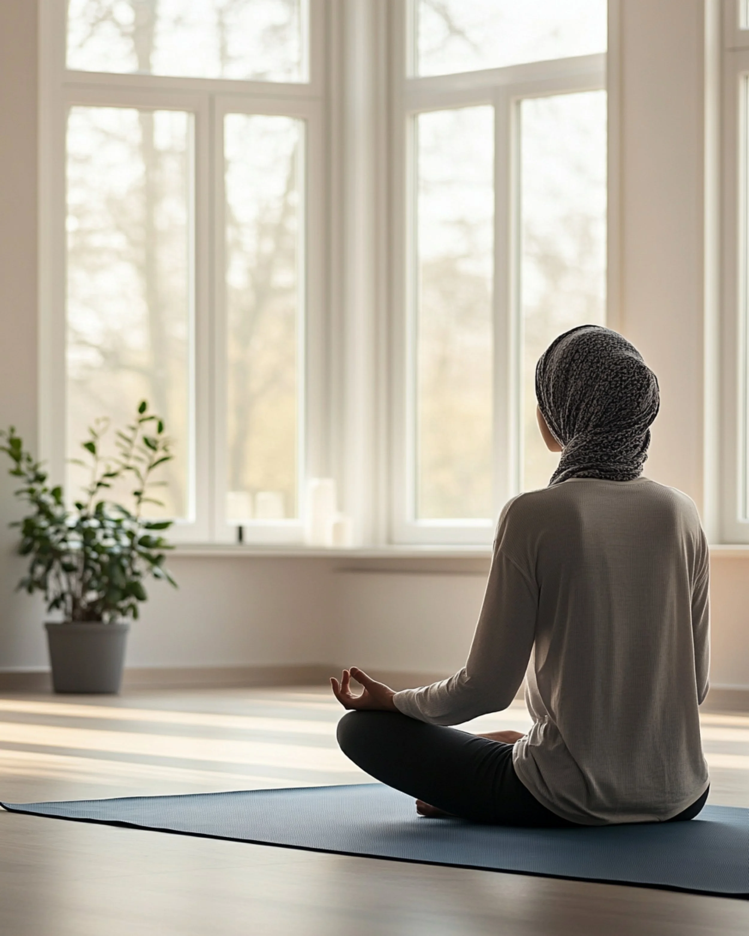 A person practicing meditation or yoga indoors, sitting cross-legged on a blue mat, facing a large window with a view of trees outside, with a mop of gray long hair or a head covering, dressed in a light shirt and dark pants, in a peaceful and serene setting.