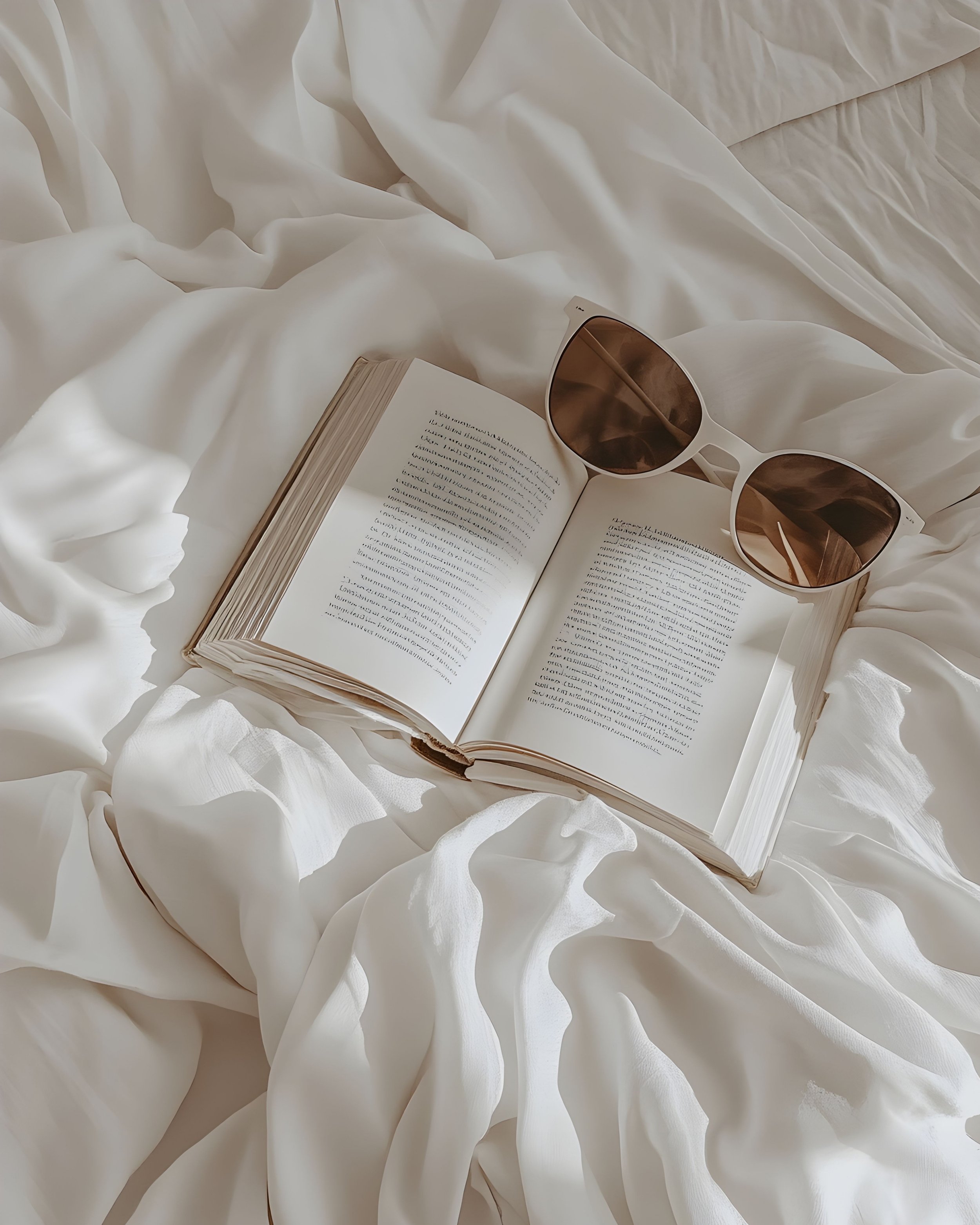 open book with text on cream-colored pages resting on white bedding, with a pair of sunglasses nearby on soft, crumpled white sheets.