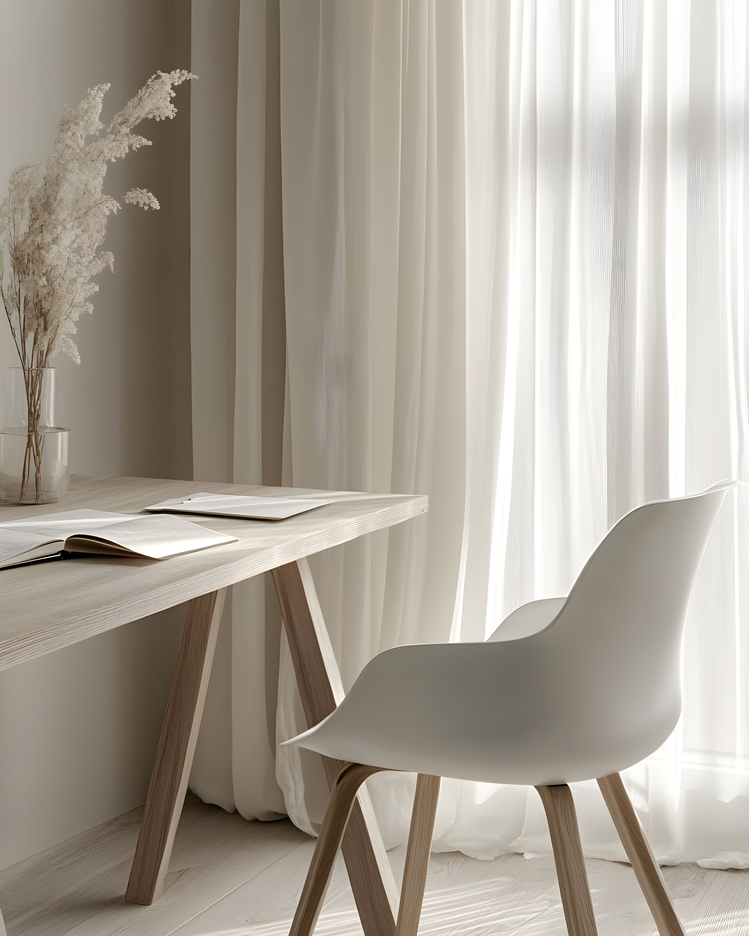 A white modern chair with wooden legs placed in front of a white table. The table has an open book on it. Behind the table, there are white curtains with sunlight filtering through.