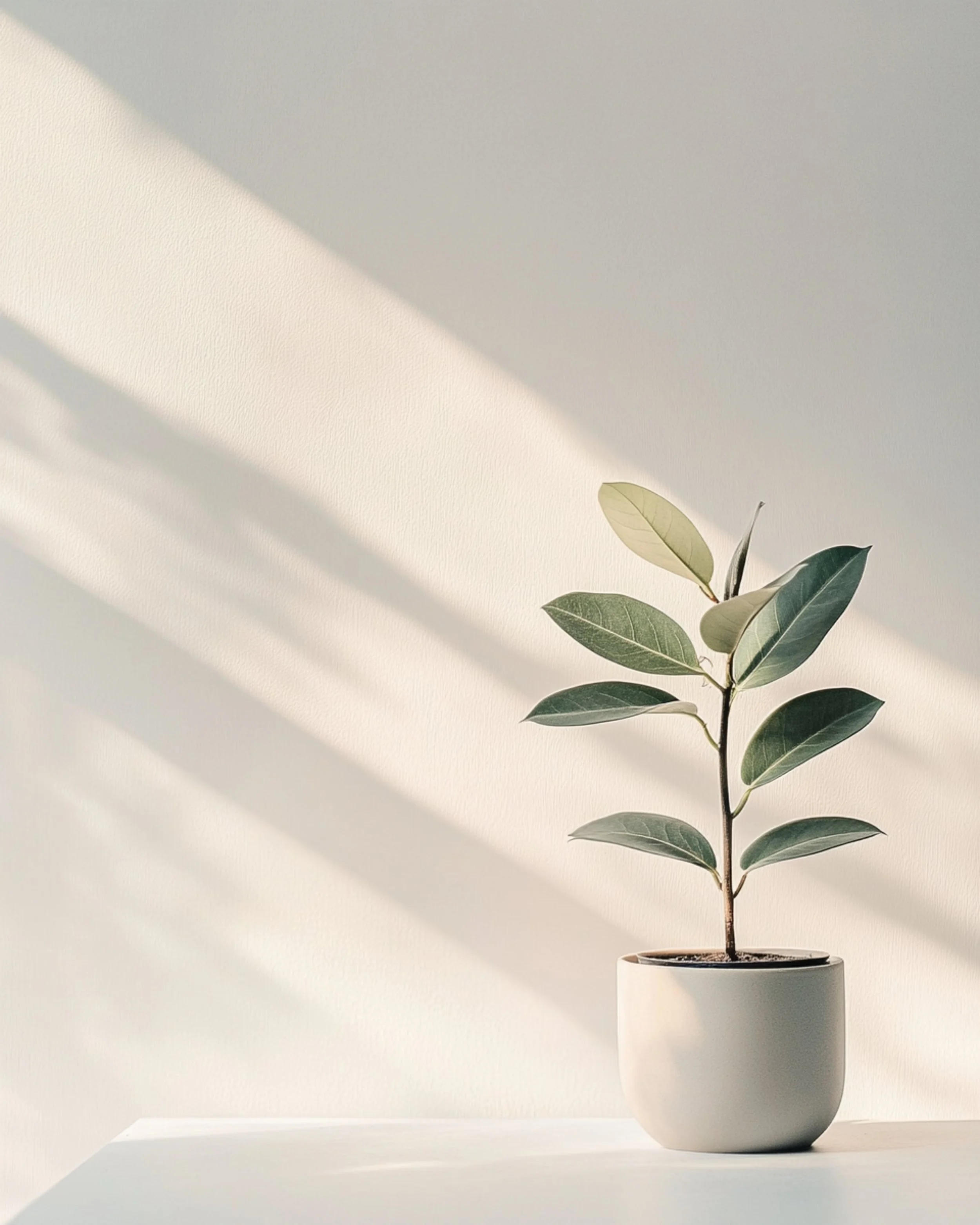 A potted plant with green and light-colored leaves on a white surface, with shadows cast on a white wall background.