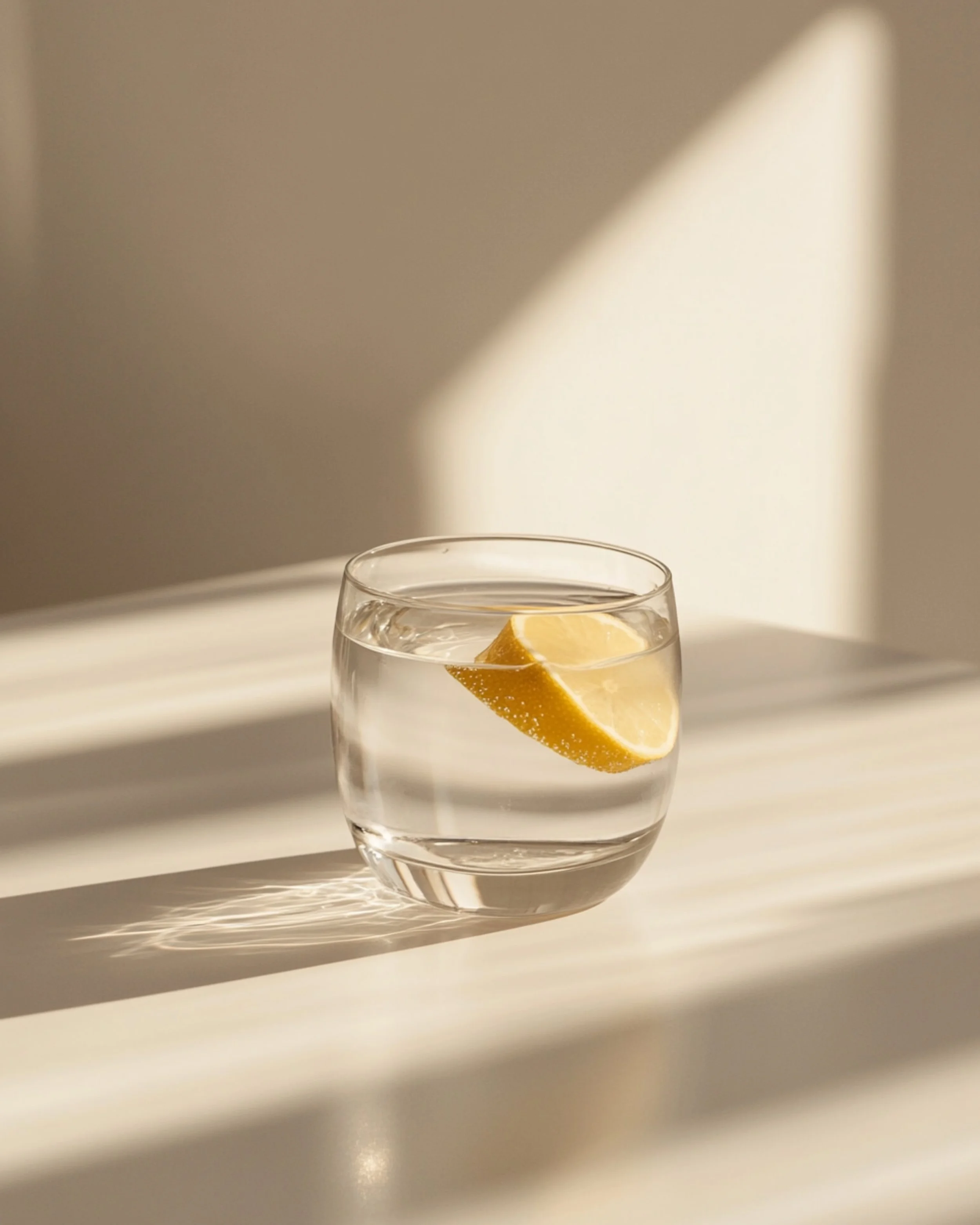 A clear glass of water with a lemon wedge inside, placed on a white surface with a shadow cast behind it.