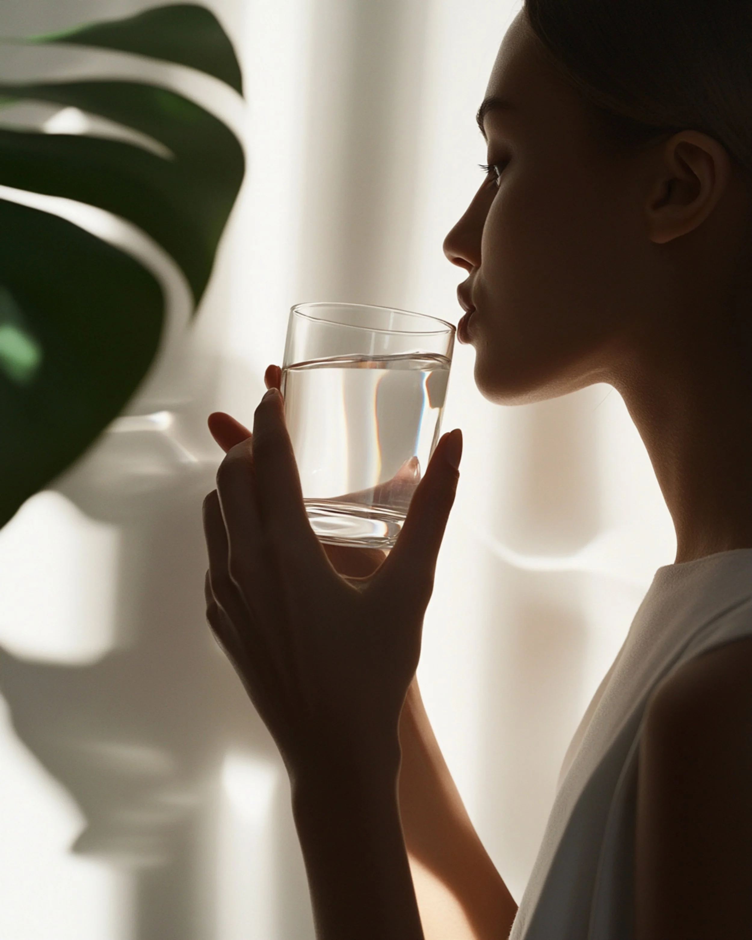 A woman with a side profile holding a glass of water, with a large green plant partially obscuring the view, backlit by neutral lighting.
