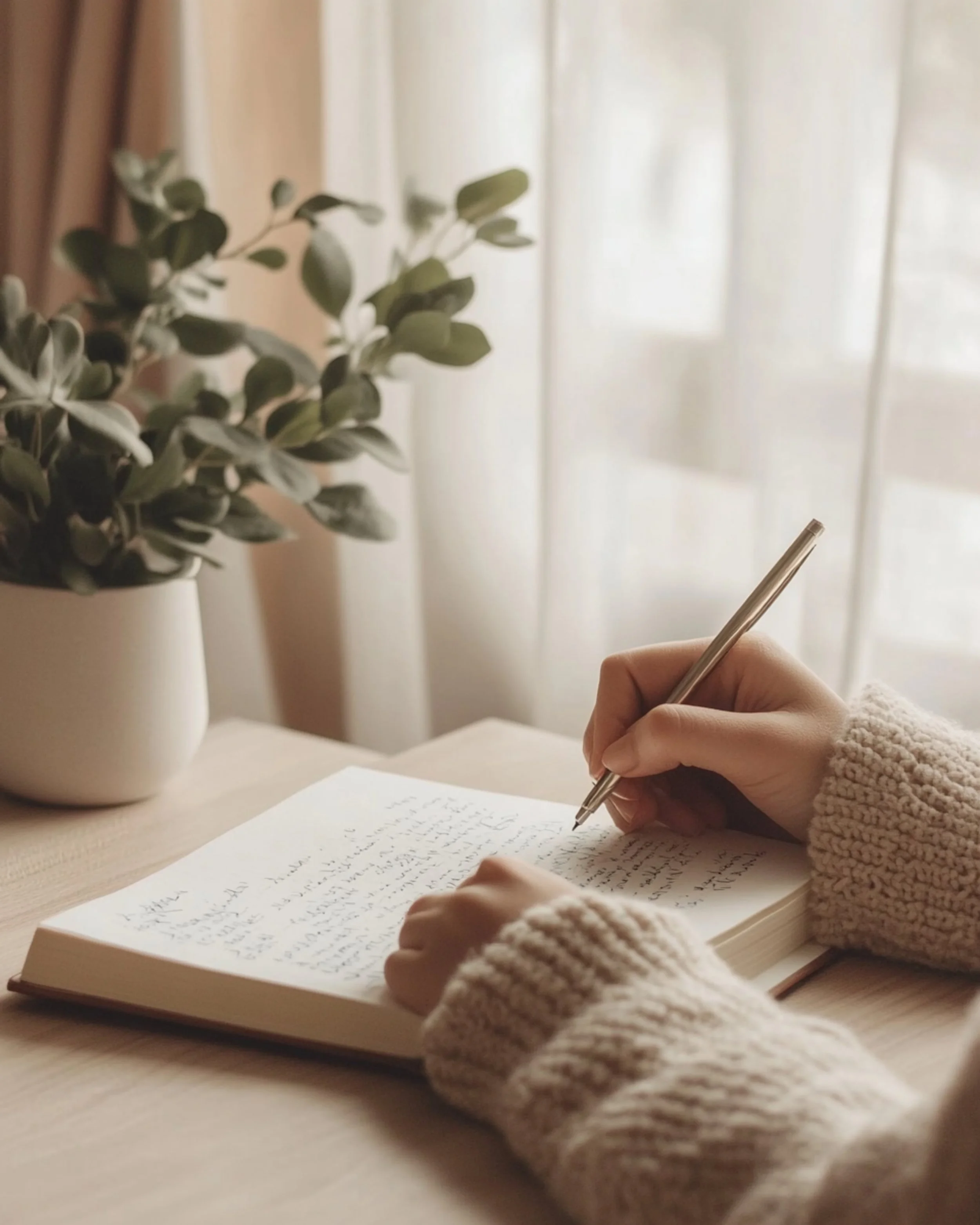 A person wearing a cozy beige knitted sweater writing in a notebook with a silver pen at a wooden desk. Two white pots with greenish-grey leafy plants sit on the desk near a window with sheer curtains, allowing soft natural light to illuminate the scene.