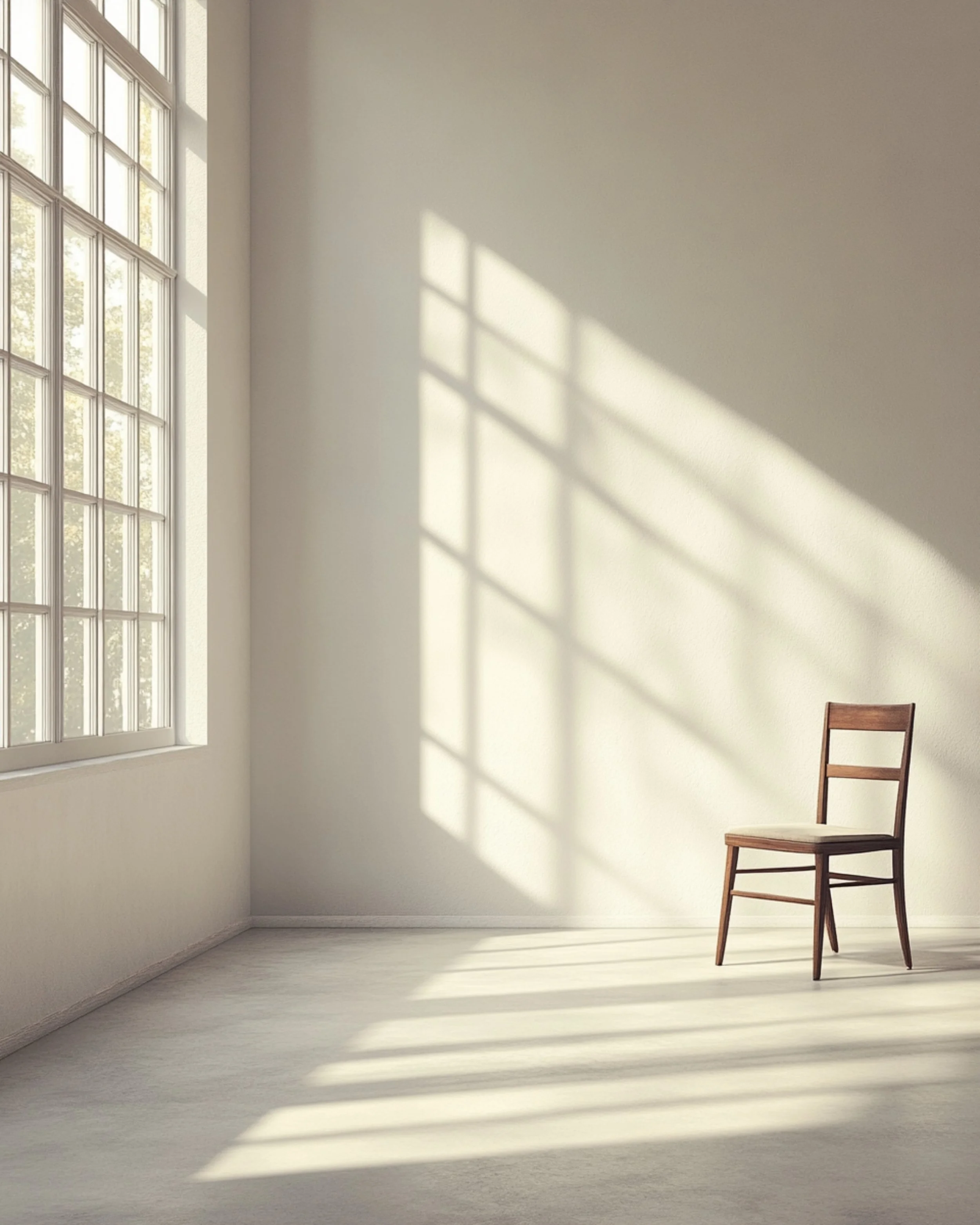 A wooden chair with a backrest in a minimally furnished room with white walls and a large window. Sunlight streams through the window, casting shadows on the wall and floor.