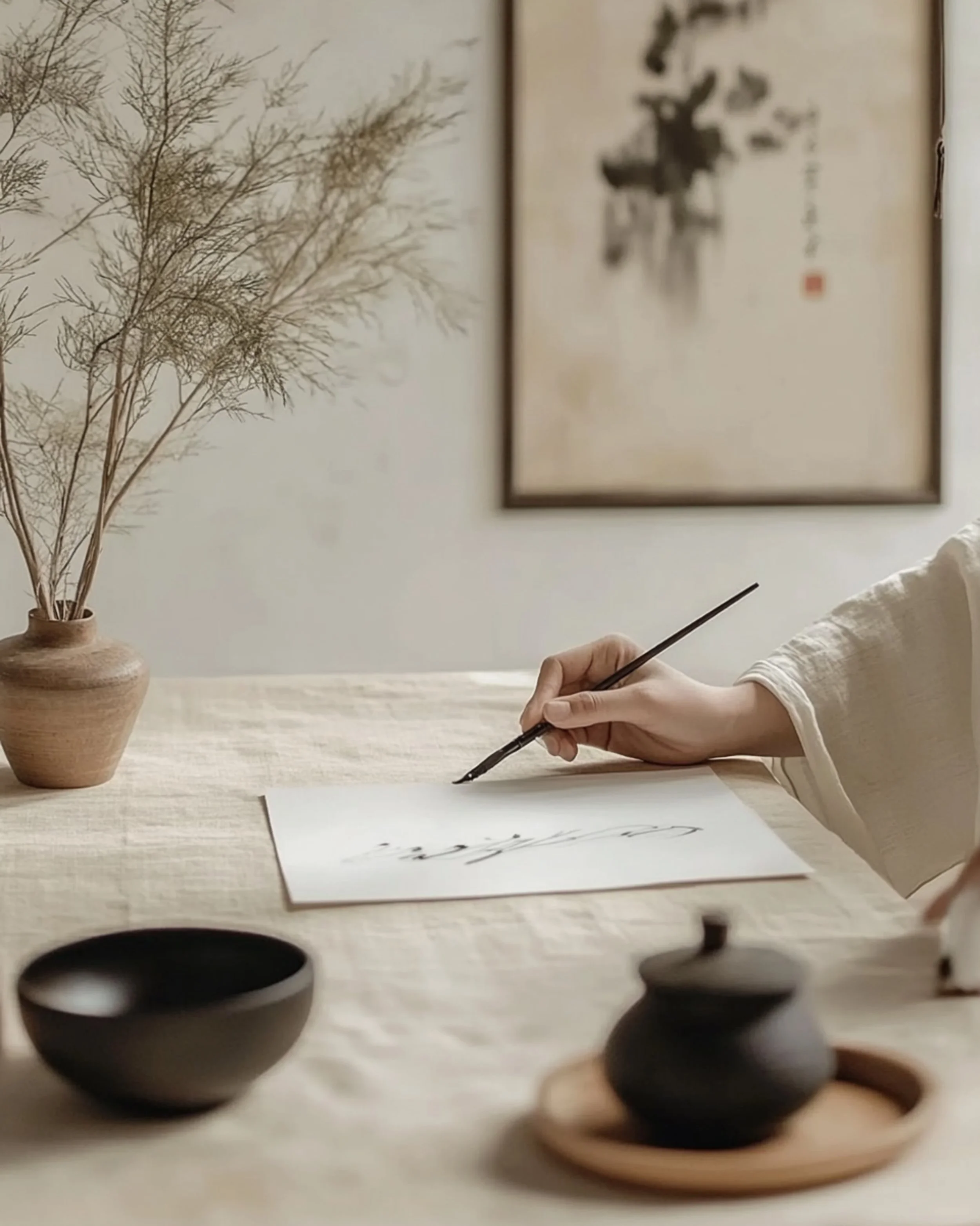 Person with long hair practicing calligraphy at a wooden table, with vases and framed artwork on the wall in the background.
