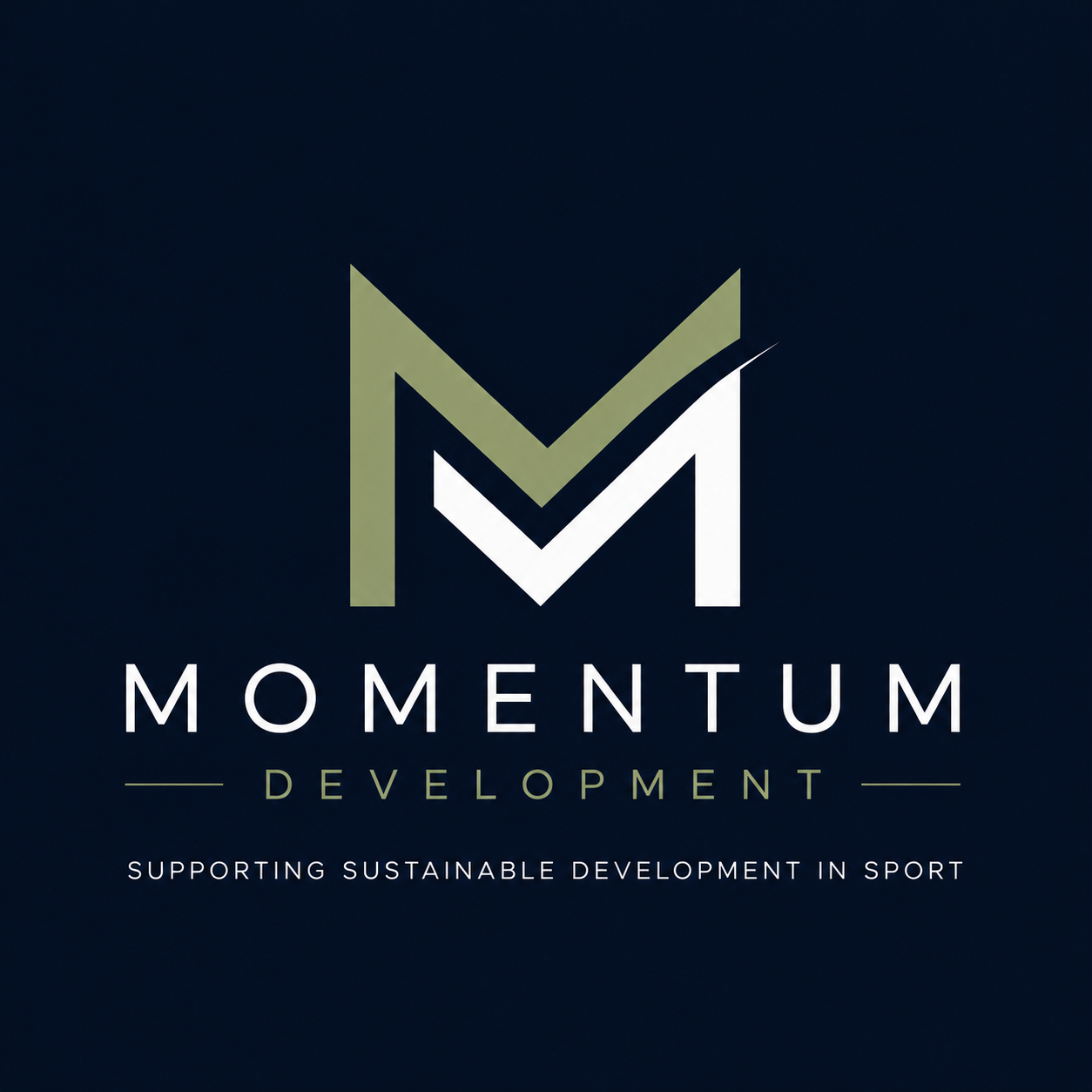 Logo med teksten «Momentum Development» og slagordet «Supporting sustainable development in sport» på mørk bakgrunn.