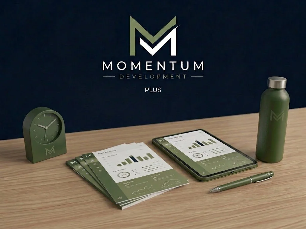 Kontoransikt med klokke, rapporter, smarttelefon, vannflaske og penn, alle med logoen til Momentum Development.