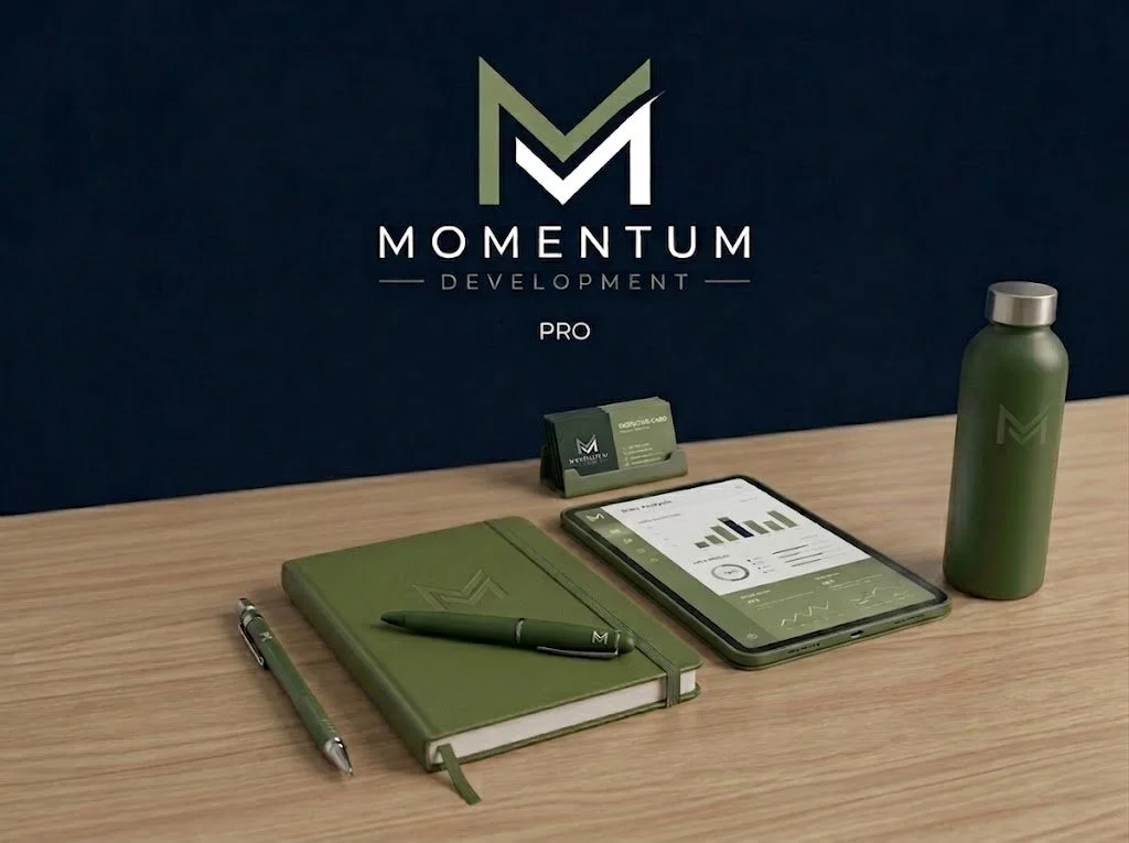Bilde av et arbeidsbord med en grønn notatbok, en penn, en telefon med grafer og diagrammer på skjermen, en vannflaske, visittkort og en signaturpenn, foran en bakgrunn med logoen til Momentum Development Pro.