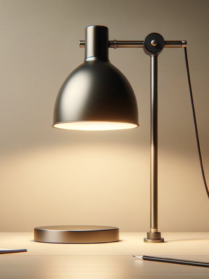 Modern desk lamp with adjustable arm illuminating a work surface.