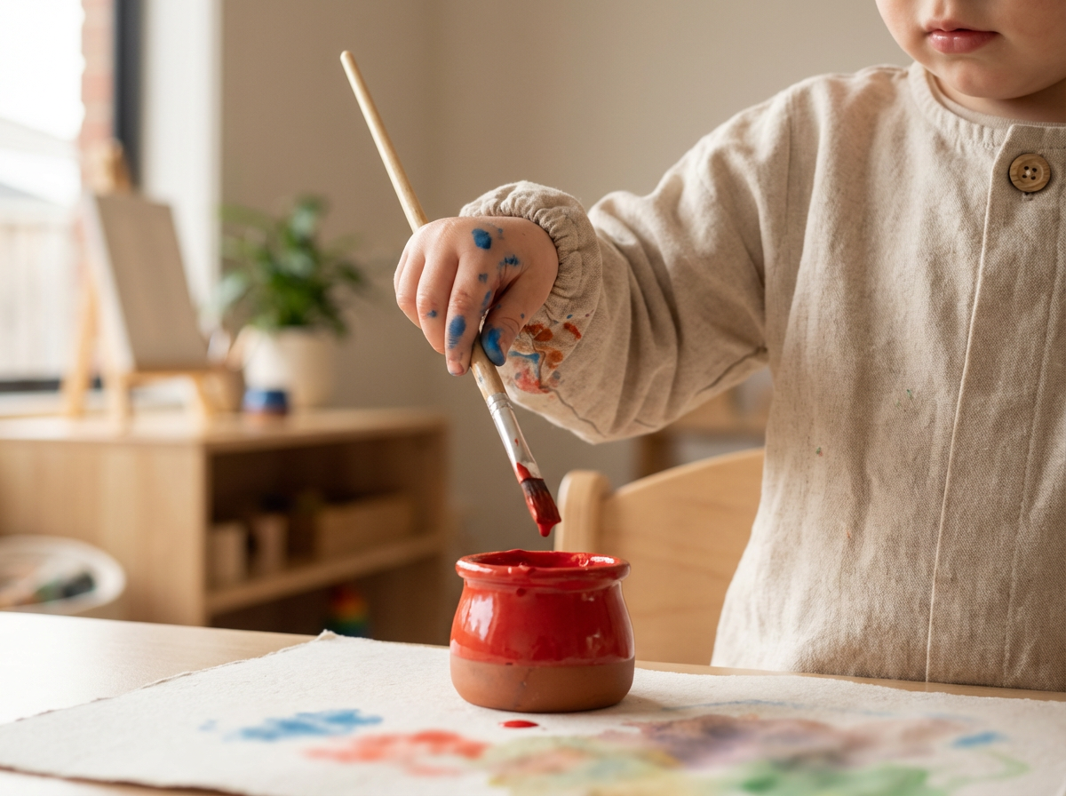 Child holding a paintbrush with red paint, painting in a small red pot, with colorful paint on paper on the table.