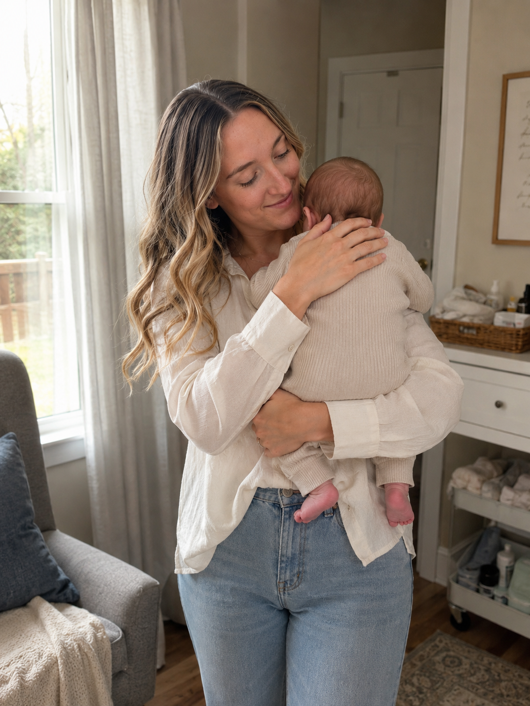 A woman holding a baby indoors near a window, with a warm smile.