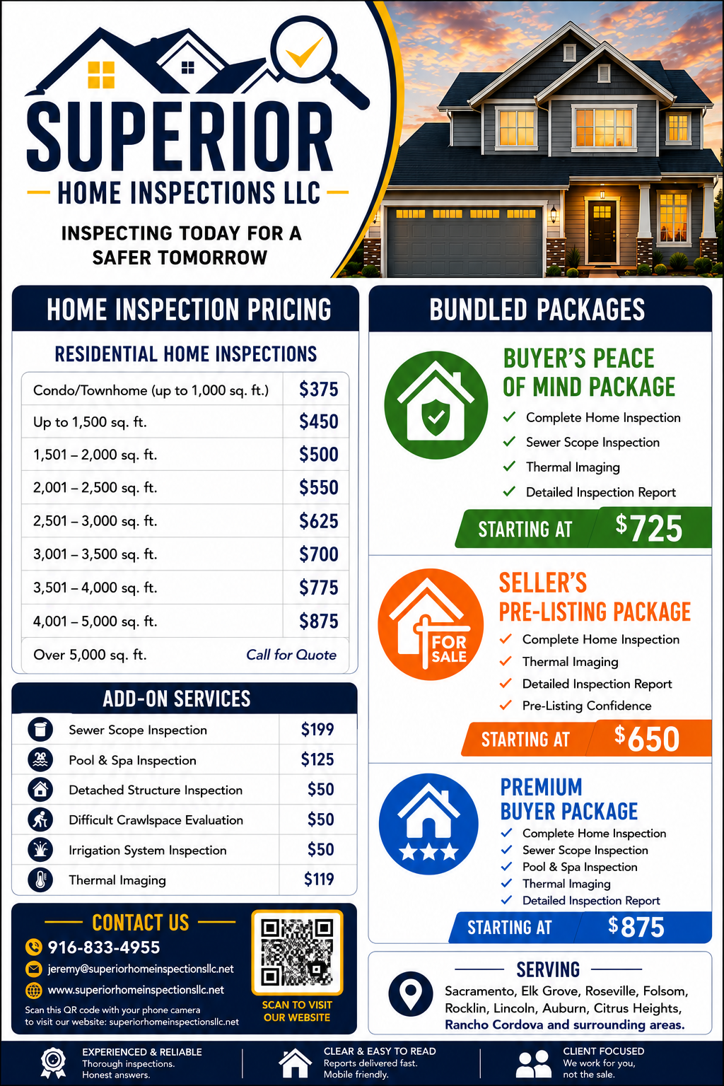 A flyer for Superior Home Inspections LLC featuring home inspection services and pricing. The flyer includes a large image of a two-story house at sunset, and sections detailing pricing for different home sizes, add-on services, and bundled inspection packages such as Buyer’s Peace of Mind, Seller’s Pre-Listing, and Premium Buyer Packages. Contact information and service areas are also listed.