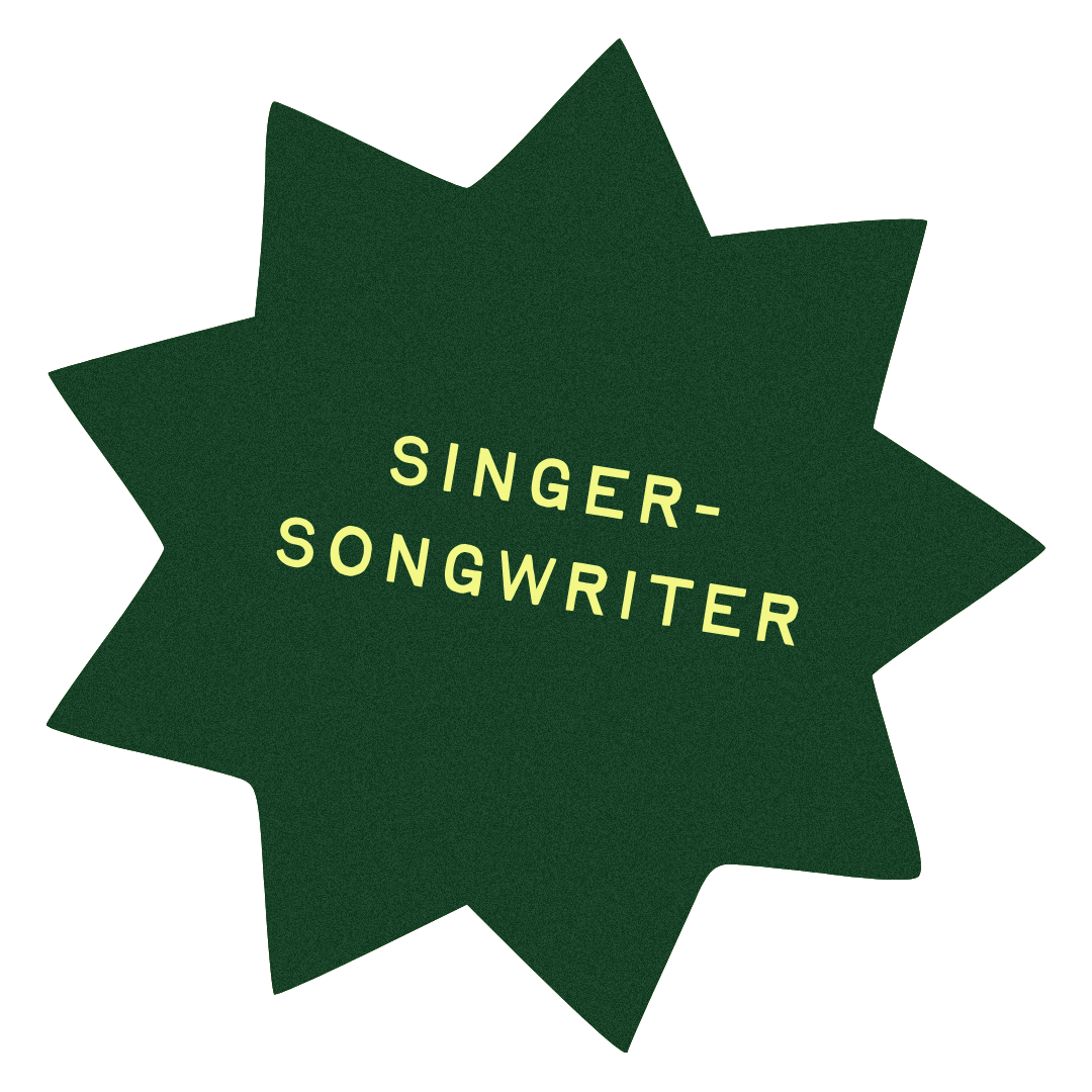 Green starburst badge with the words "SINGER-SONGWRITER" in yellow text.