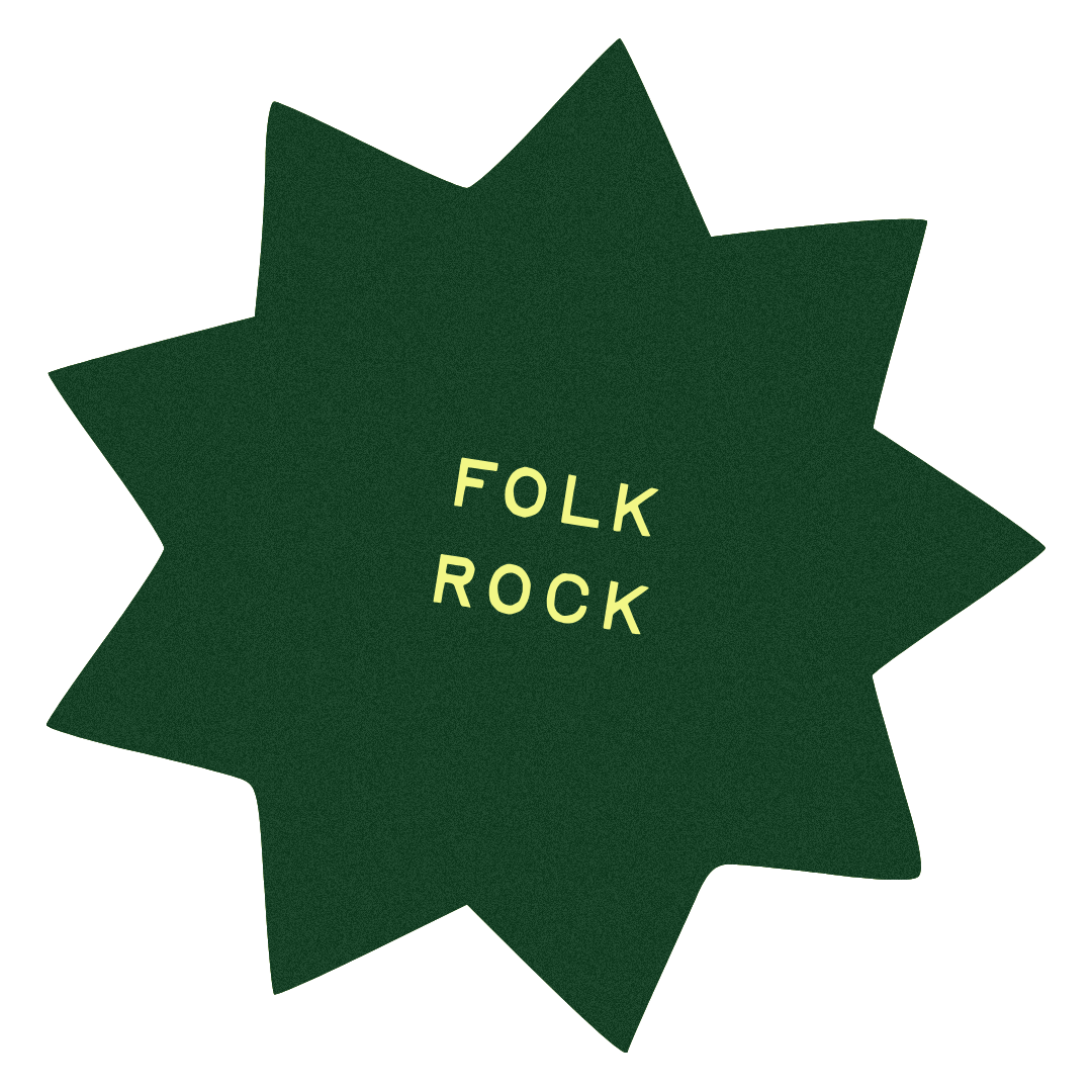 A dark green star-shaped sticker with the words "FOLK ROCK" in yellow, capitalized letters