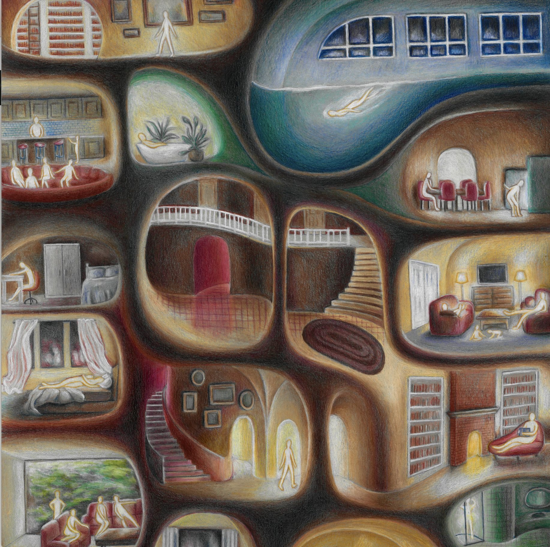 A colorful, abstract painting depicts multiple interconnected rooms with various scenes, including people dancing, reading, lying down, and engaging in different activities, all rendered in a whimsical, stylized manner.