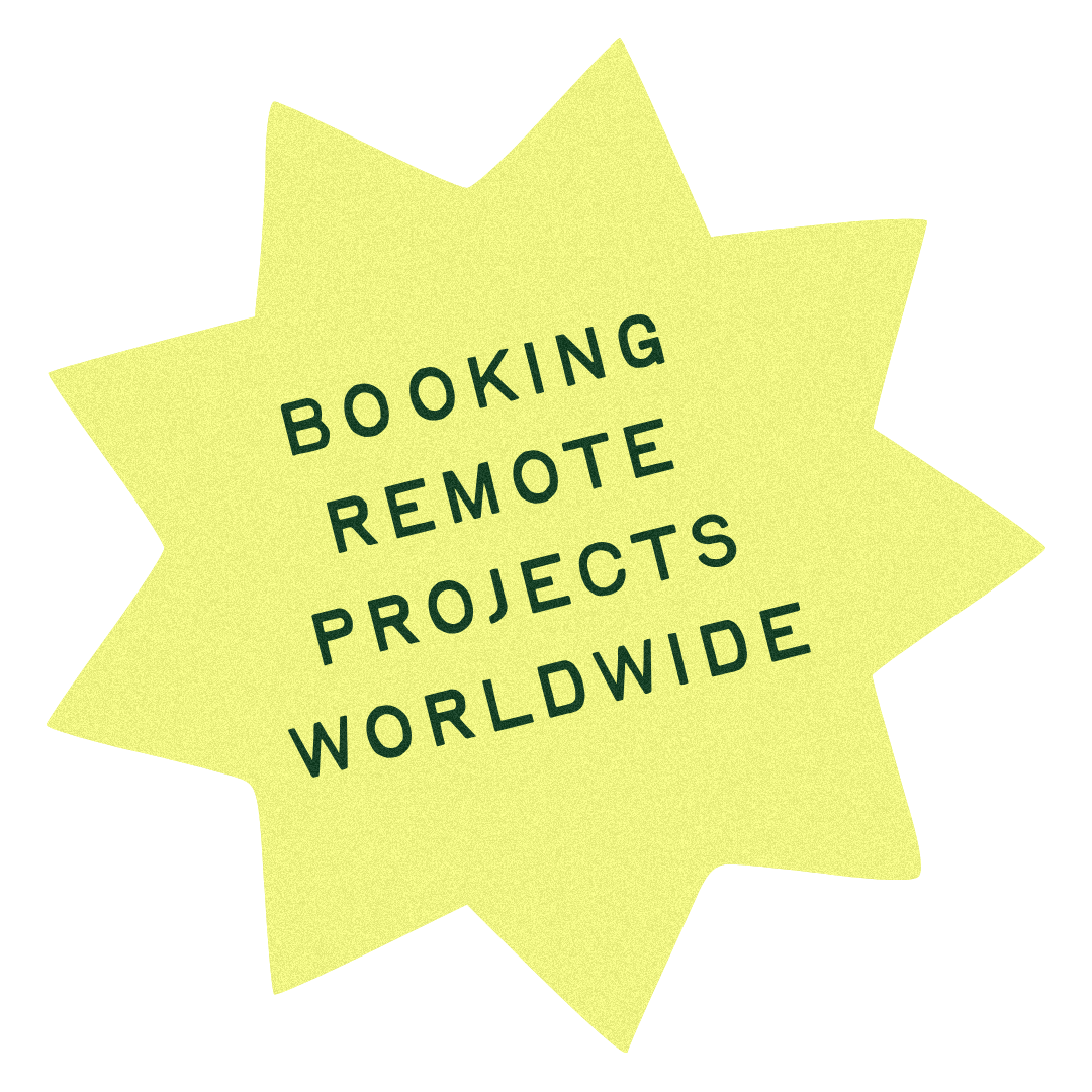 Yellow starburst graphic with black text stating "Booking Remote Projects Worldwide".