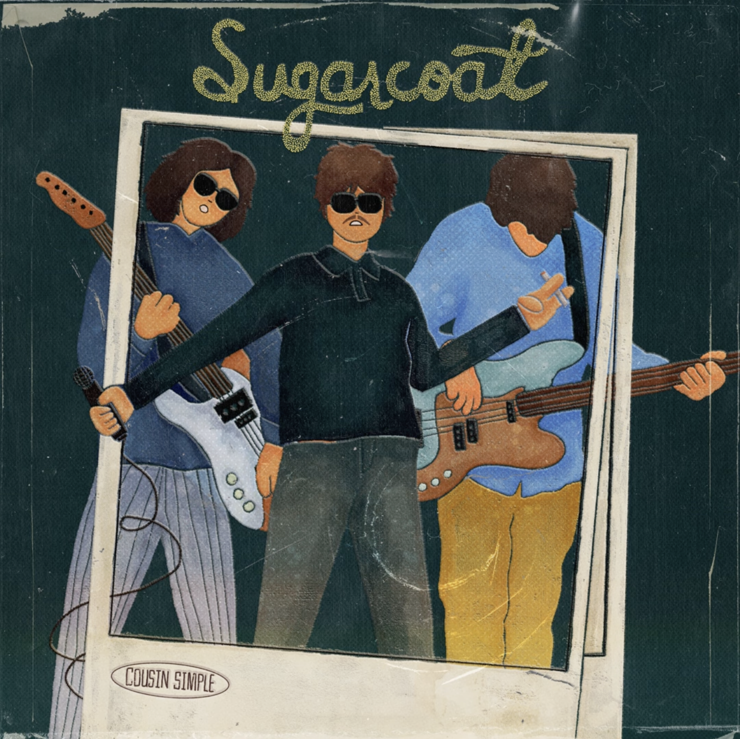 Vintage illustrated poster of a band called Cousin Simple, featuring three musicians with guitars and sunglasses, in front of a green background with the word 'Sugarcoat' in gold at the top.