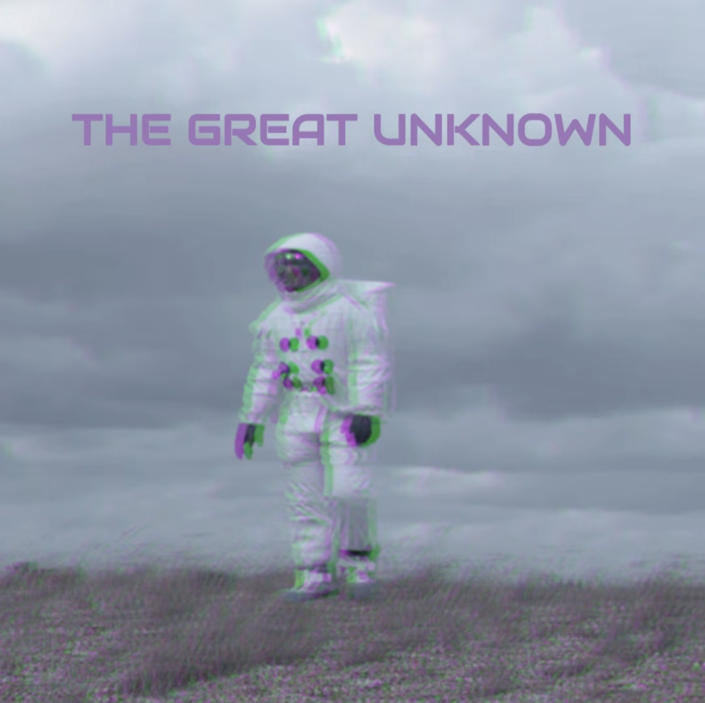 A person dressed in a white astronaut suit standing on a body of water, with the words 'The Great Unknown' in purple letters overhead.