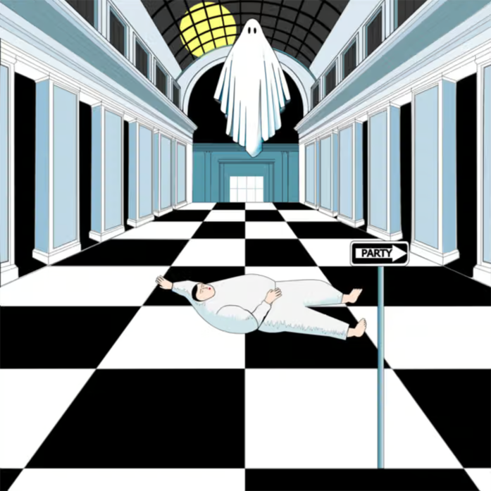 A cartoon of a person dressed as a ghost lying on the black-and-white checkered floor of a hallway with blue walls and white columns. There is a ghost decoration hanging from the ceiling, a sign pointing to a party, and a bright yellow light in the background.