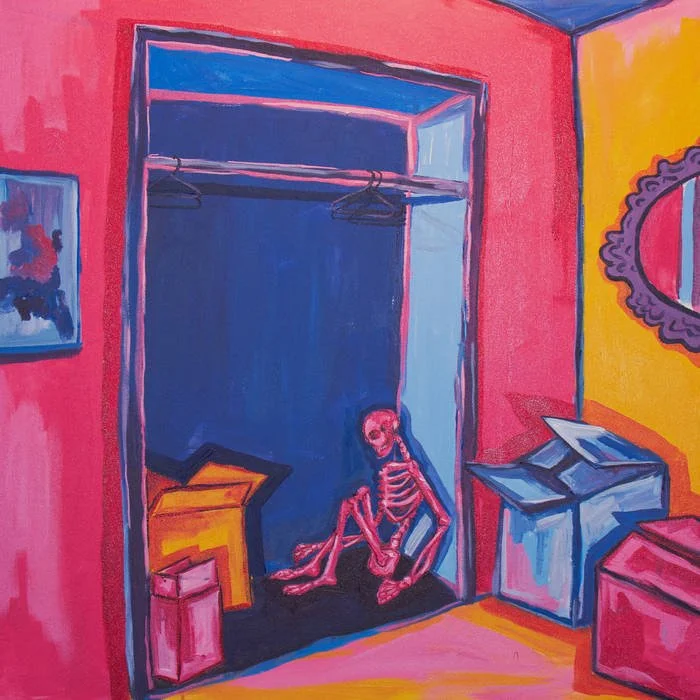 Painting of a room corner with a skeleton sitting in the closet, surrounded by colorful furniture and walls.