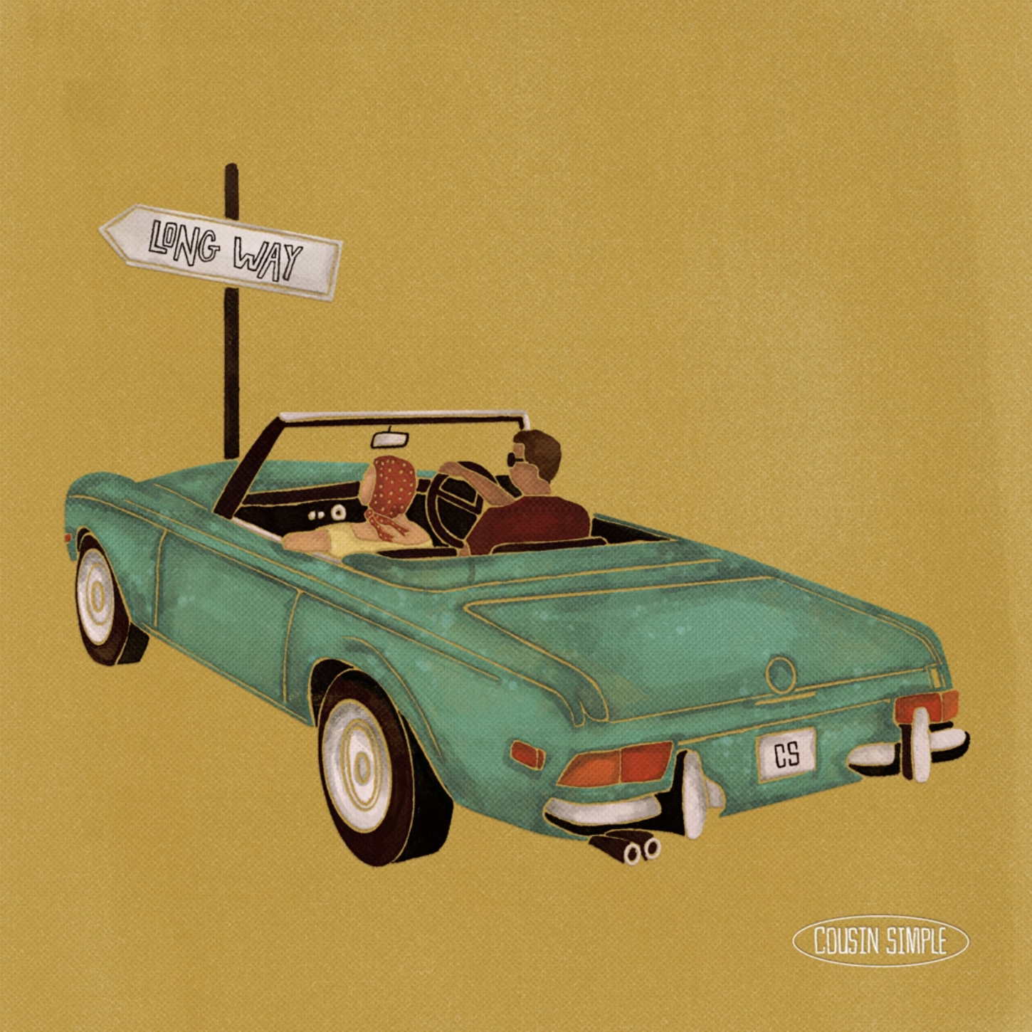 An illustration of a man and a girl in a teal convertible car on a yellow background. The man is driving and wearing sunglasses, while the girl is sitting in the passenger seat with her legs up on the dashboard. There is a signpost that says "Long Way" and a label "Cousin Simple" in the bottom right corner.