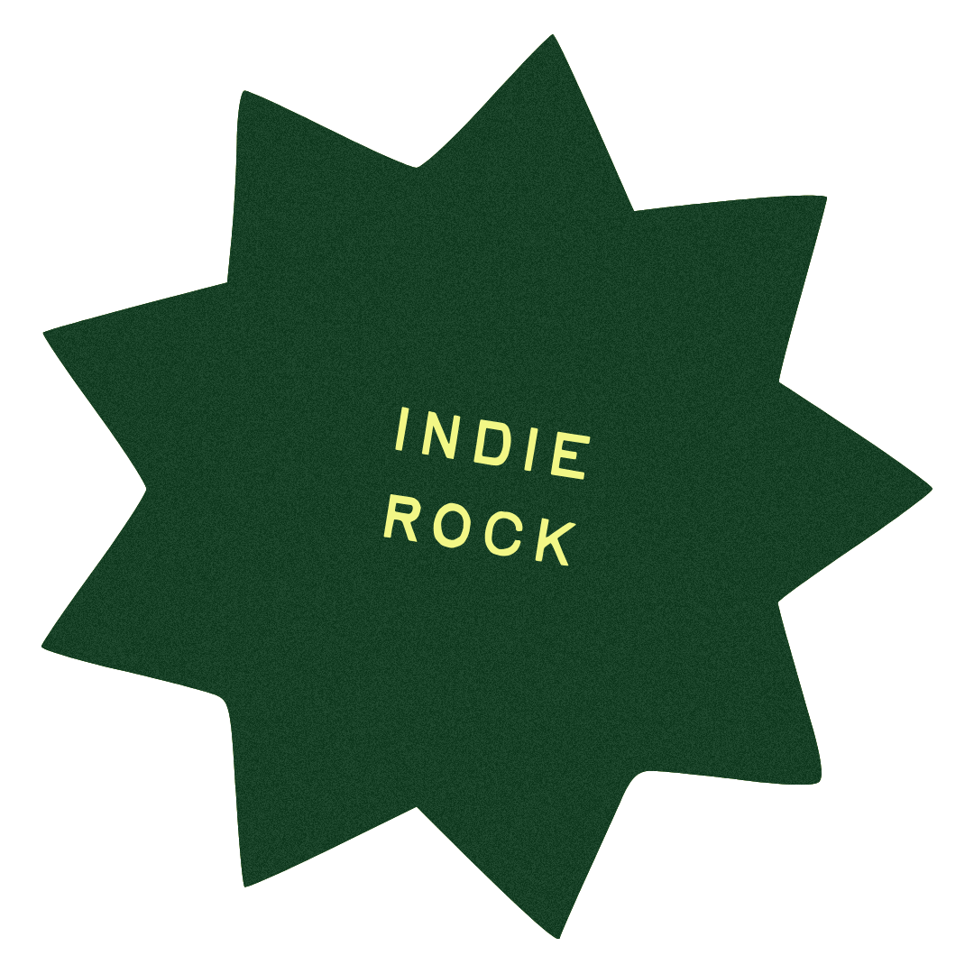 Green starburst badge with the text 'Indie Rock' in yellow letters at the center.