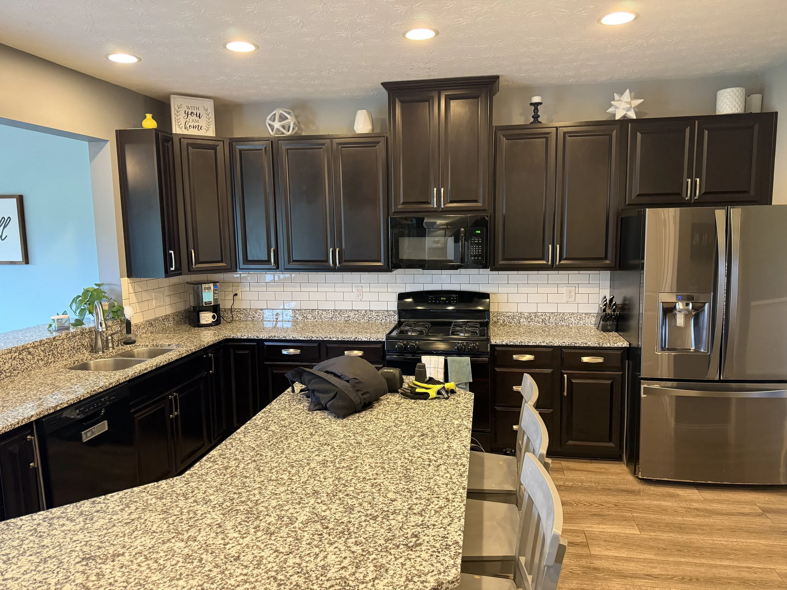 From top to bottom! Ceilings, walls, trim, cabinets. We're happy to help!