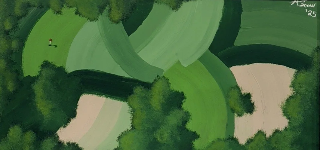 Aerial view painting of a golf course with green fairways, trees, and a small flag marking the hole. Inspired by Werner Bronkhorst.