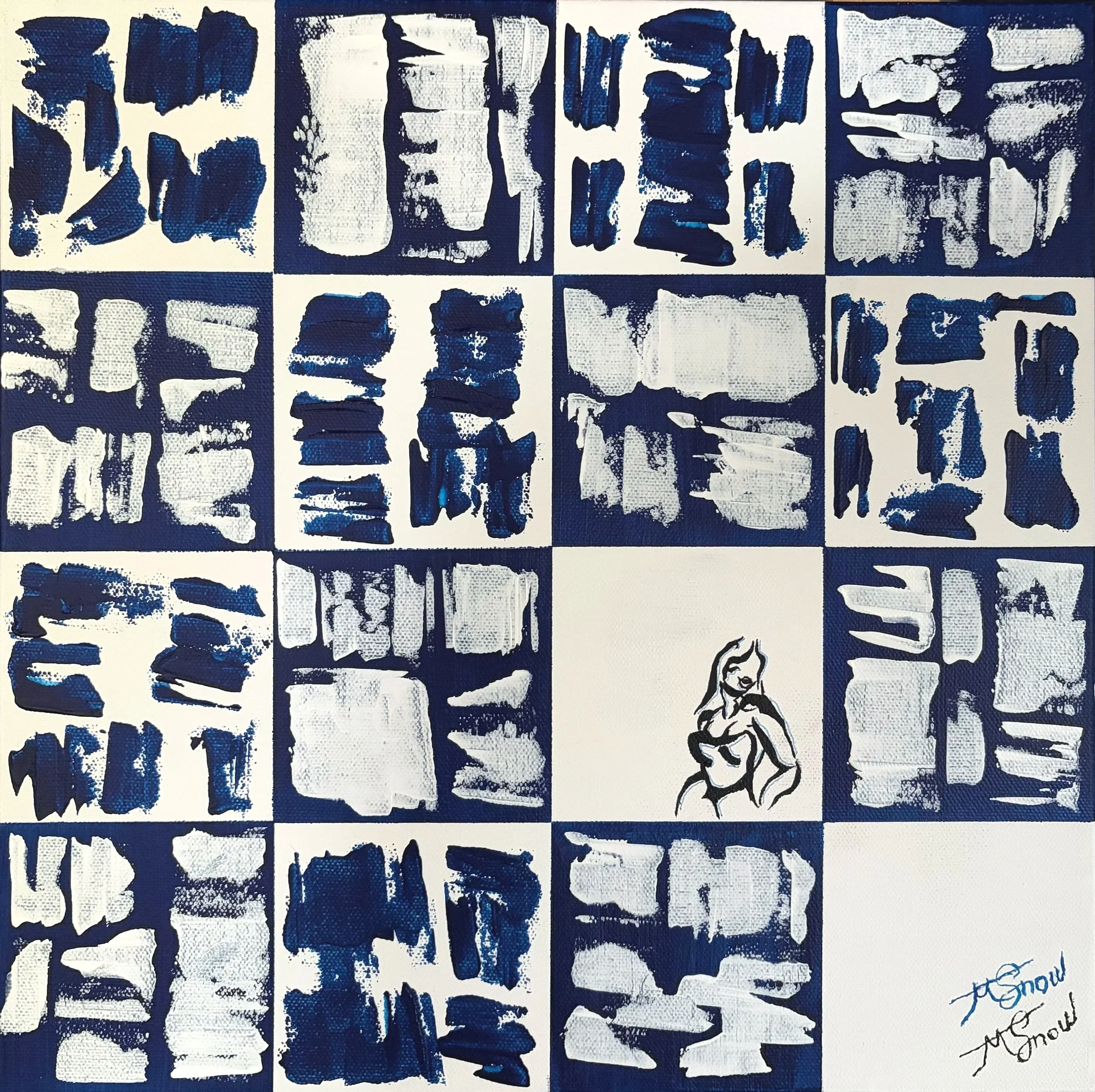 Abstract artwork with a grid of rectangles filled with blue and white paint, featuring various textures and patterns, including some black markings and a signature in the bottom right corner.