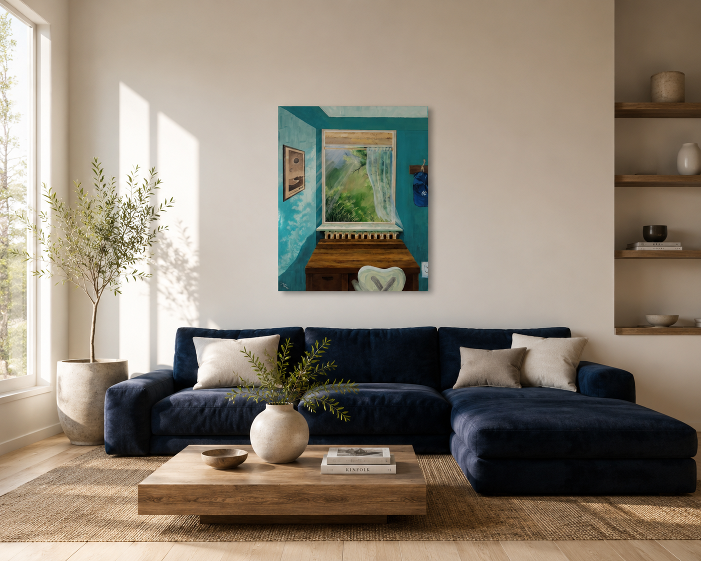 Cozy living room painting displaying A painted scene of a cozy room with teal walls, a window showing green outdoor scenery with trees and sunlight, a wooden table, a framed abstract art piece, and a blue hat hanging on a wall hook.