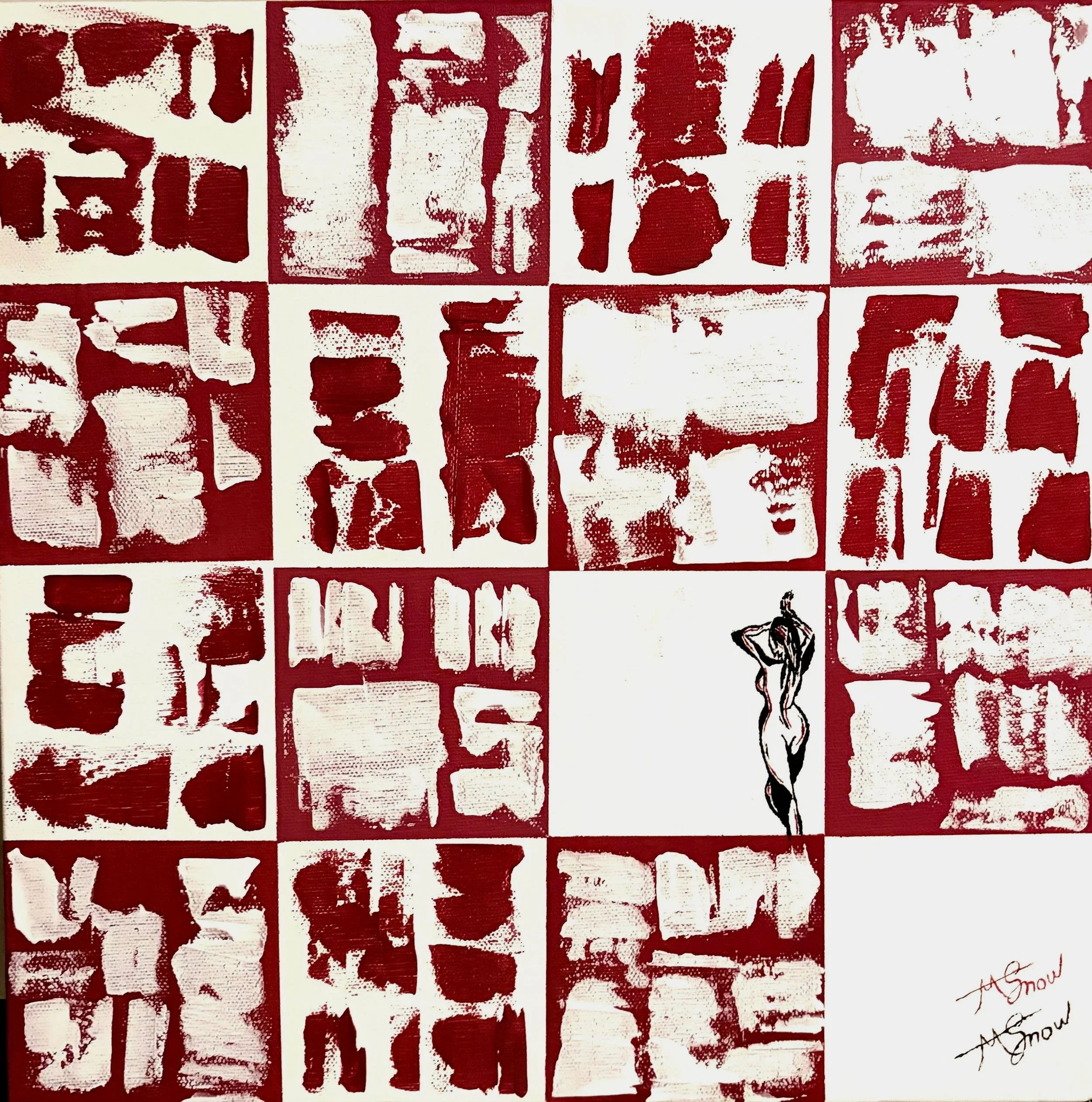 A collage of various red and white abstract patterns and textured rectangular shapes. There is a small black and white sketch of a woman holding her hair near the bottom right corner, with handwritten text "A Snow" near the bottom right.