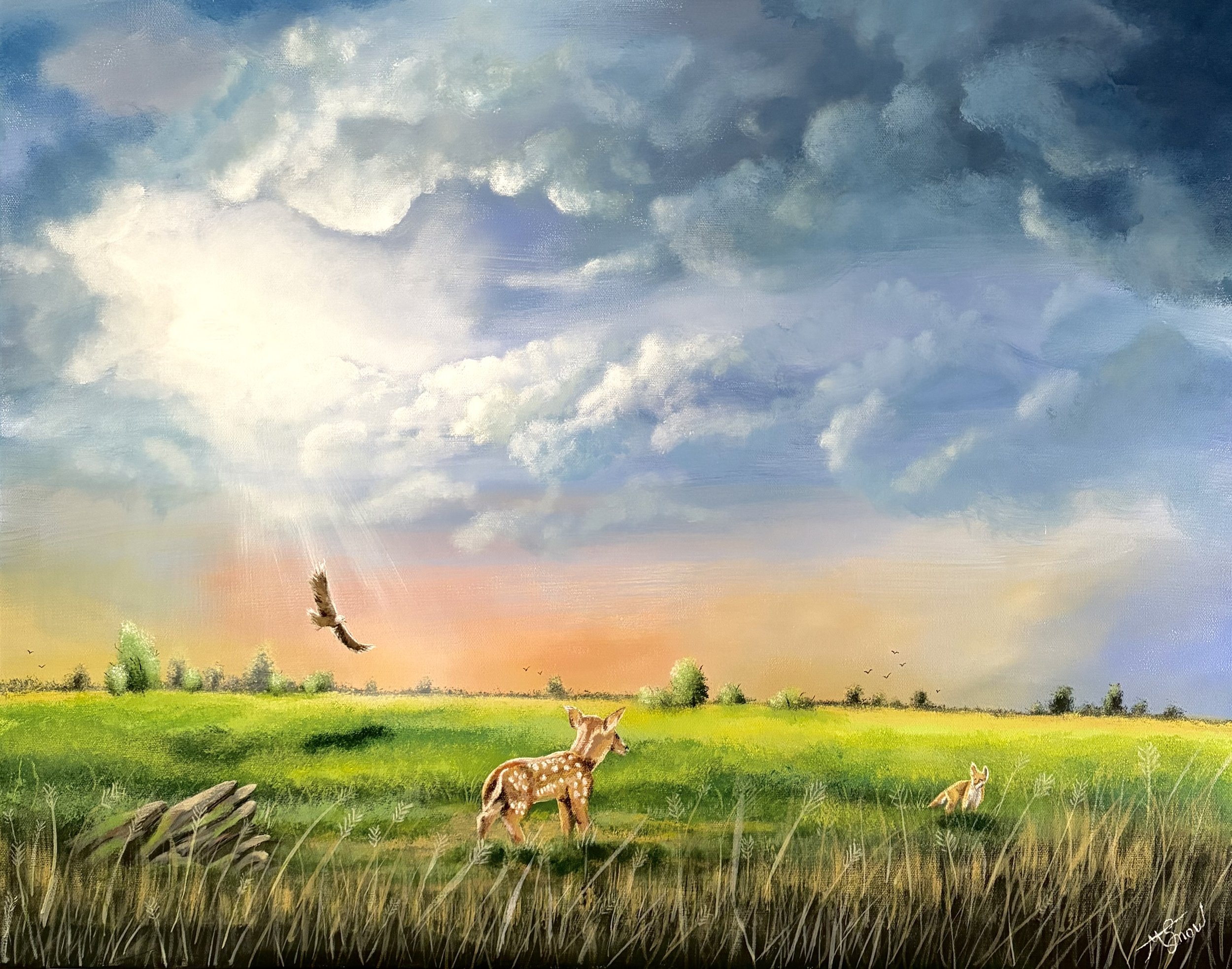 A painting of a serene landscape featuring a grassy field with a deer and a calf in the foreground, a line of trees in the distance, and a sky filled with soft clouds during sunset.