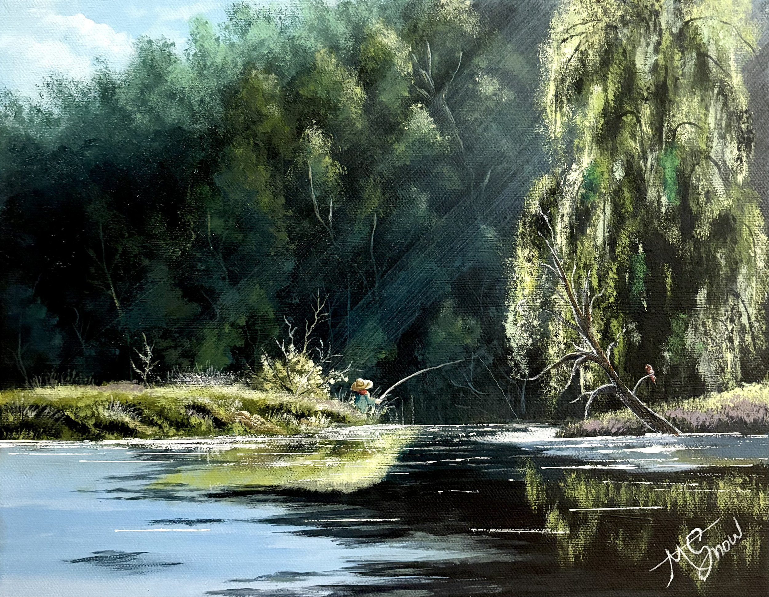 sunbathed fisher in river painting