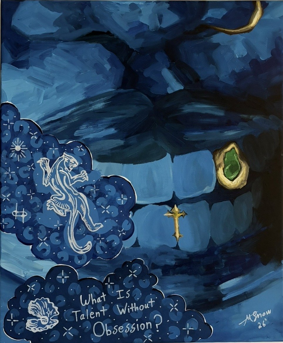 A painting of a face with blue tones, featuring gold jewelry on the teeth / gold grills with blue clouds in the foreground that contain white doodles of a panther and a shell, and the words 'What Is Talent Without Obsession?' written in white.