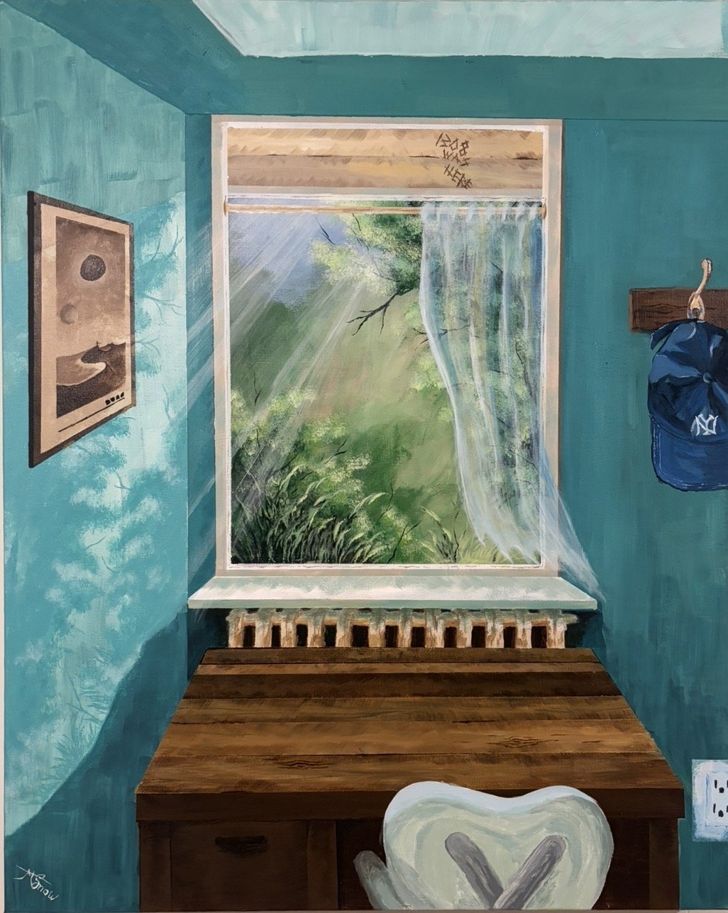 A painted scene of a cozy room with teal walls, a window showing green outdoor scenery with trees and sunlight, a wooden table, a framed abstract art piece, and a blue hat hanging on a wall hook. Painting is realism, indoors, sheer curtain.