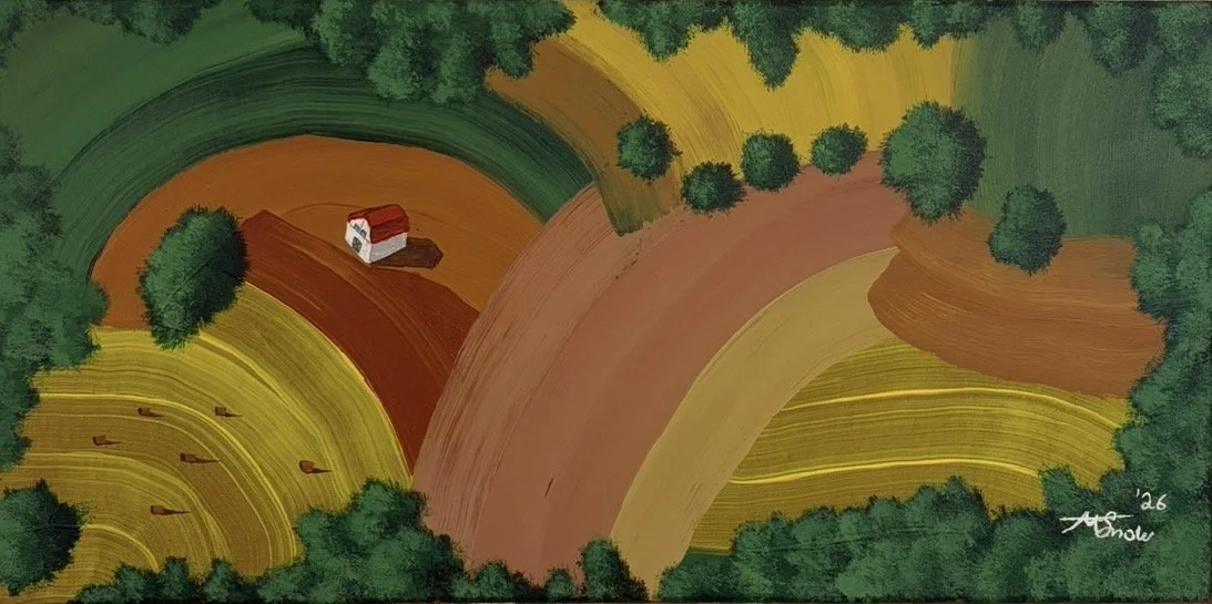 A colorful aerial painting of a farm landscape with green, yellow, orange, and brown fields, a small white house with a red roof, and trees surrounding the fields. Inspired by Werner Bronkhorst.