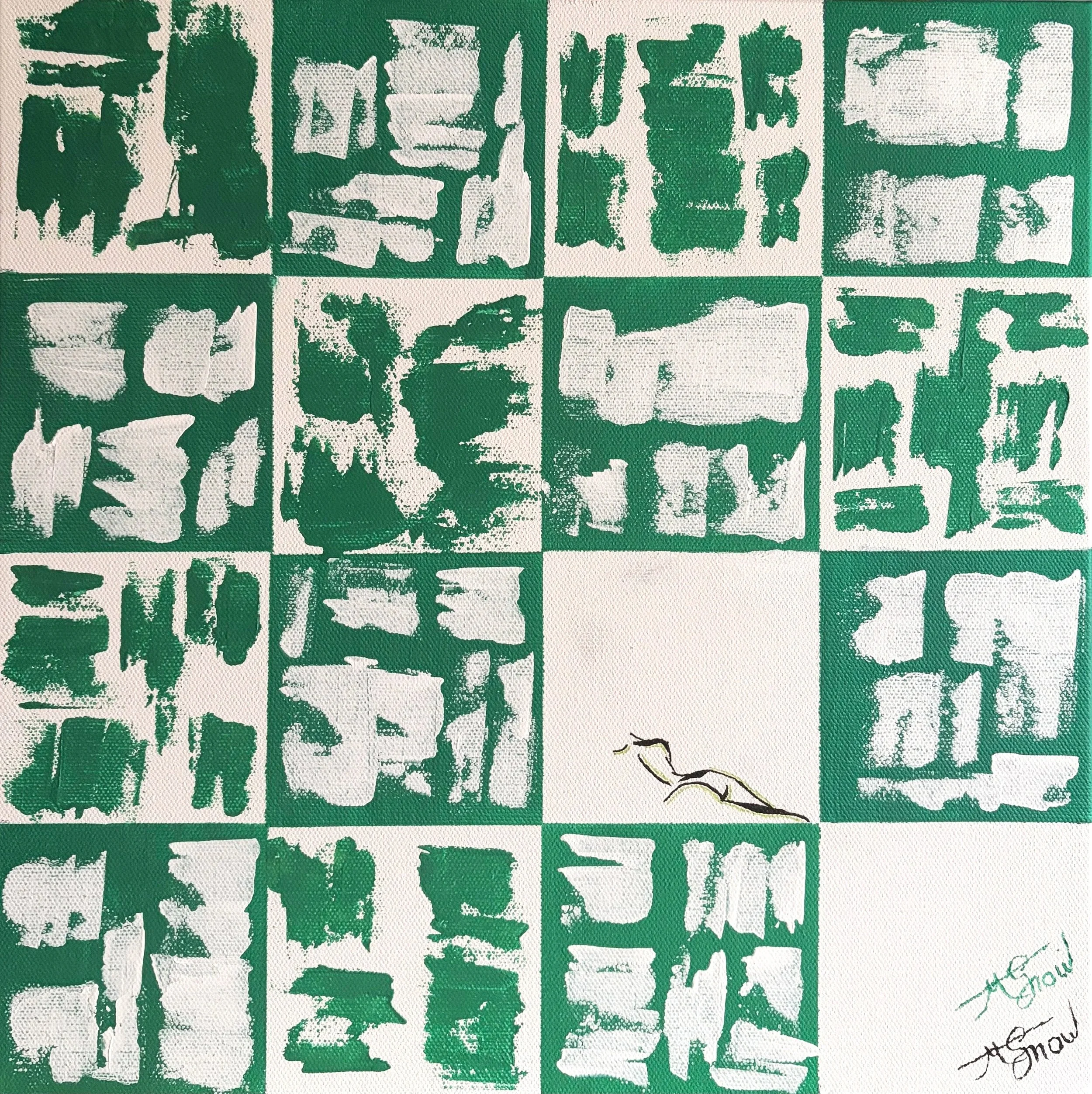 Green and white printed sheet with abstract shapes and text, including the words 'and' and 'smow' in black handwritten script.