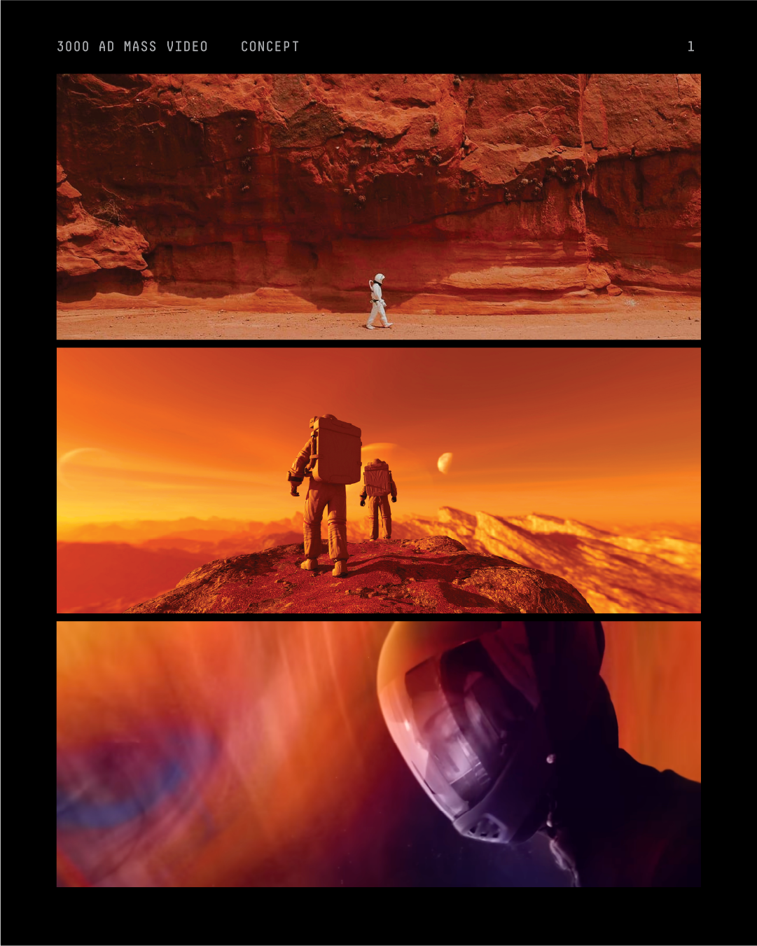 Three scenes depicting space exploration: a person walking across Mars with red rocky cliffs, astronauts on a rocky surface with a sunset and planets in the sky, and a close-up of an astronaut's helmet reflecting a fiery space environment.