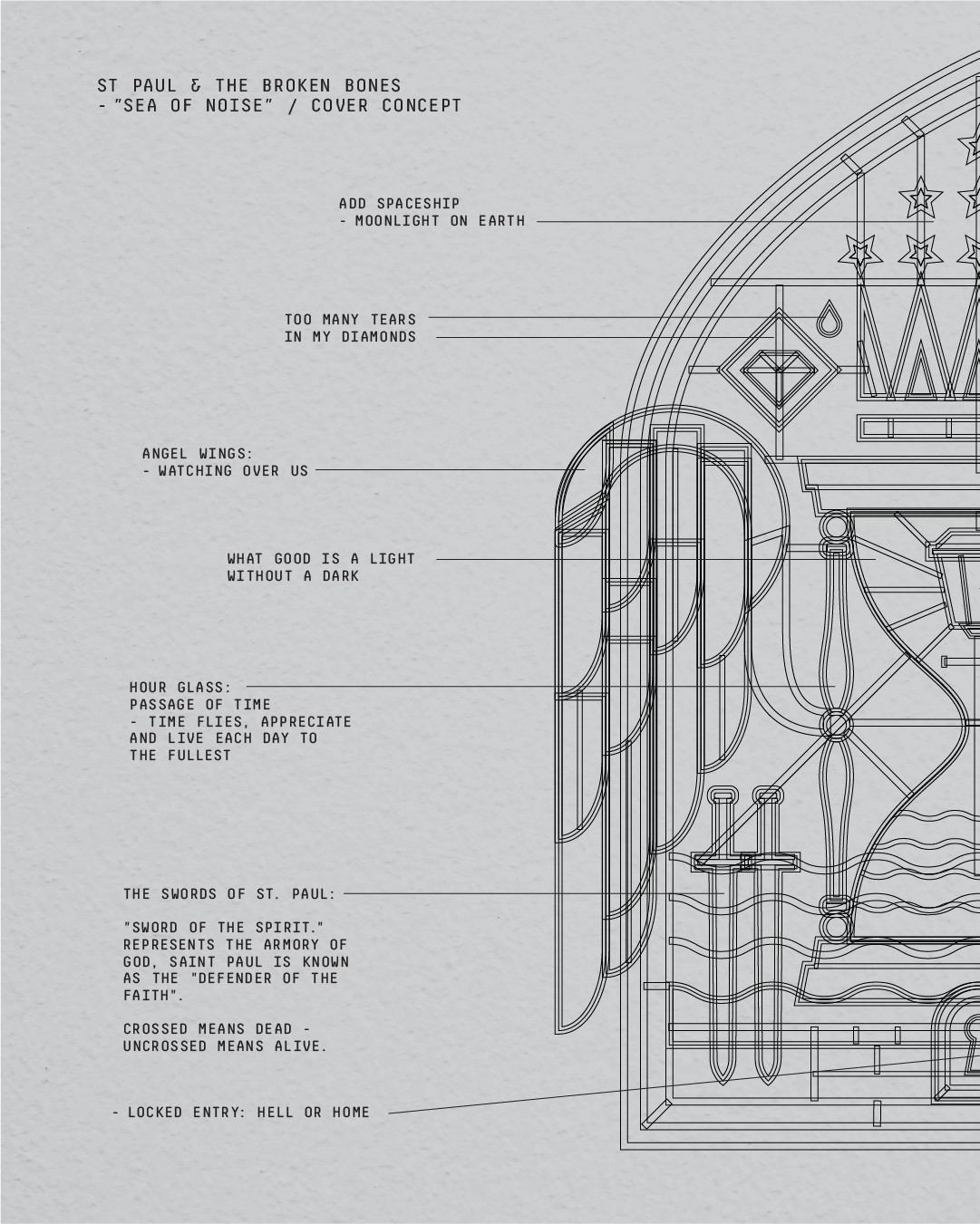 Conceptual design of a stained glass window titled 'Sea of Noise' by St Paul & The Broken Bones, with annotations describing spiritual symbols such as a spaceship, angel wings, a light, an hourglass, swords, and an entry point.