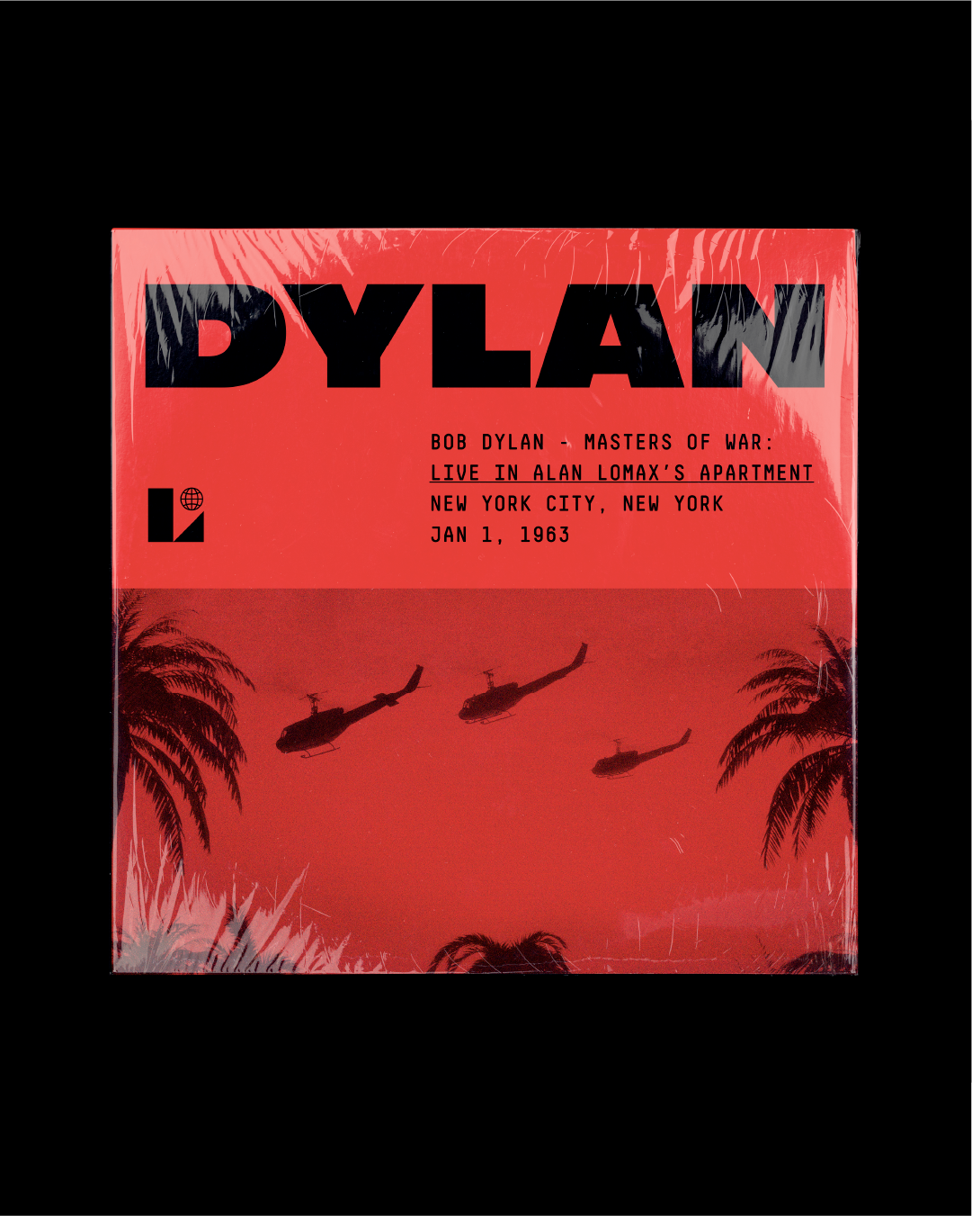Book cover for Bob Dylan's 'Masters of War,' depicting three helicopters flying among palm trees with a red background and black text.