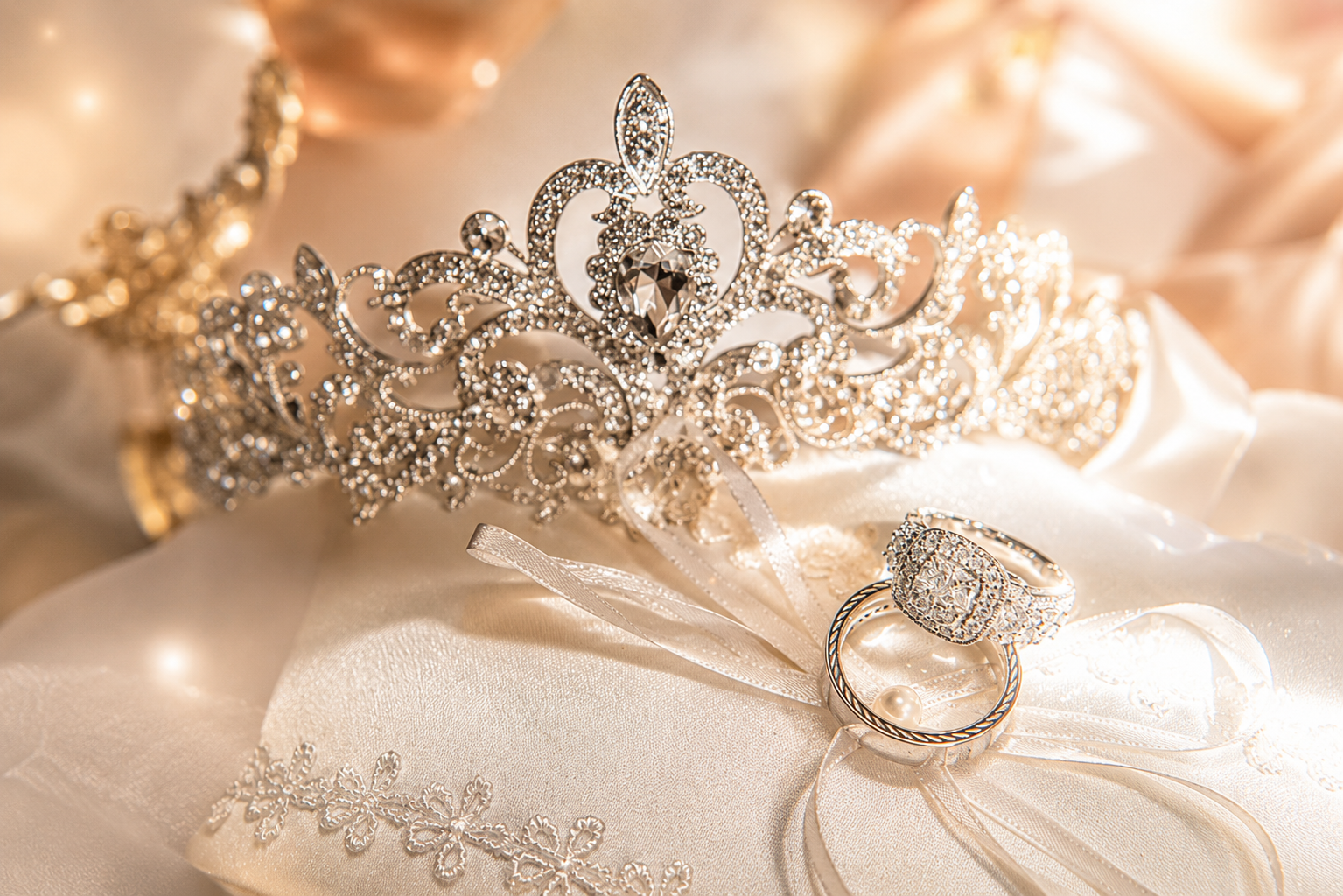 A bridal tiara and rings resting on a satin pillow with satin ribbons, illuminated with warm lighting.