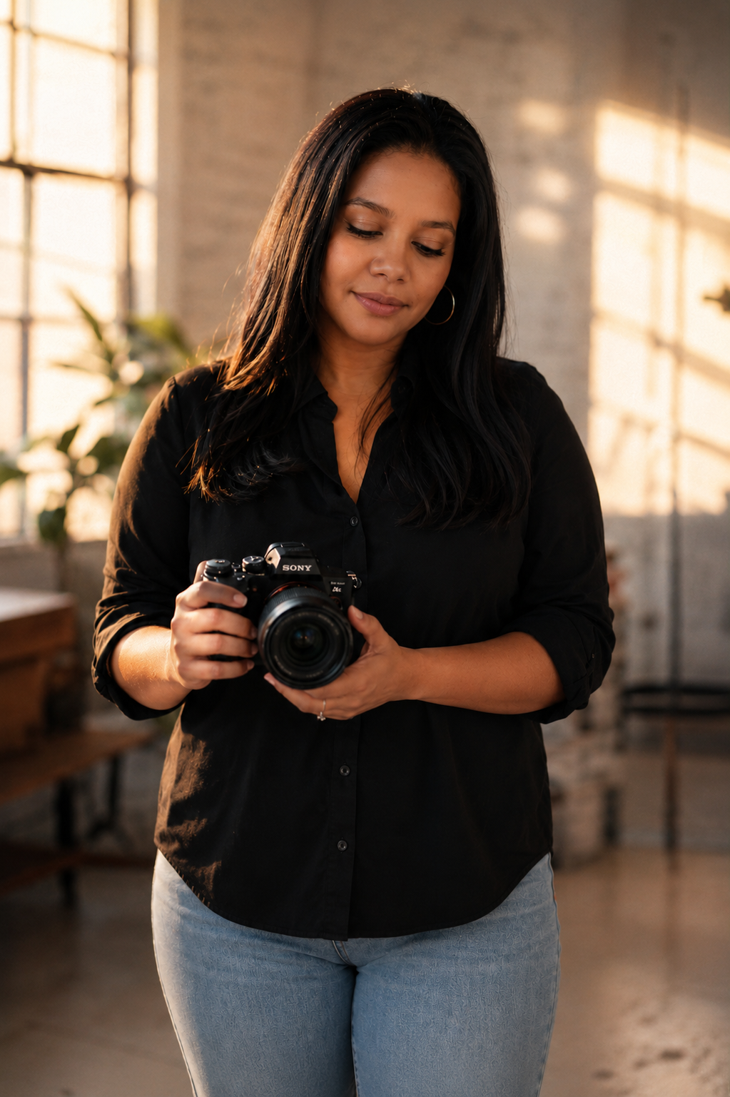 A woman with long dark hair wearing a black shirt and light jeans, holding a Sony camera in a room with large windows and warm lighting.