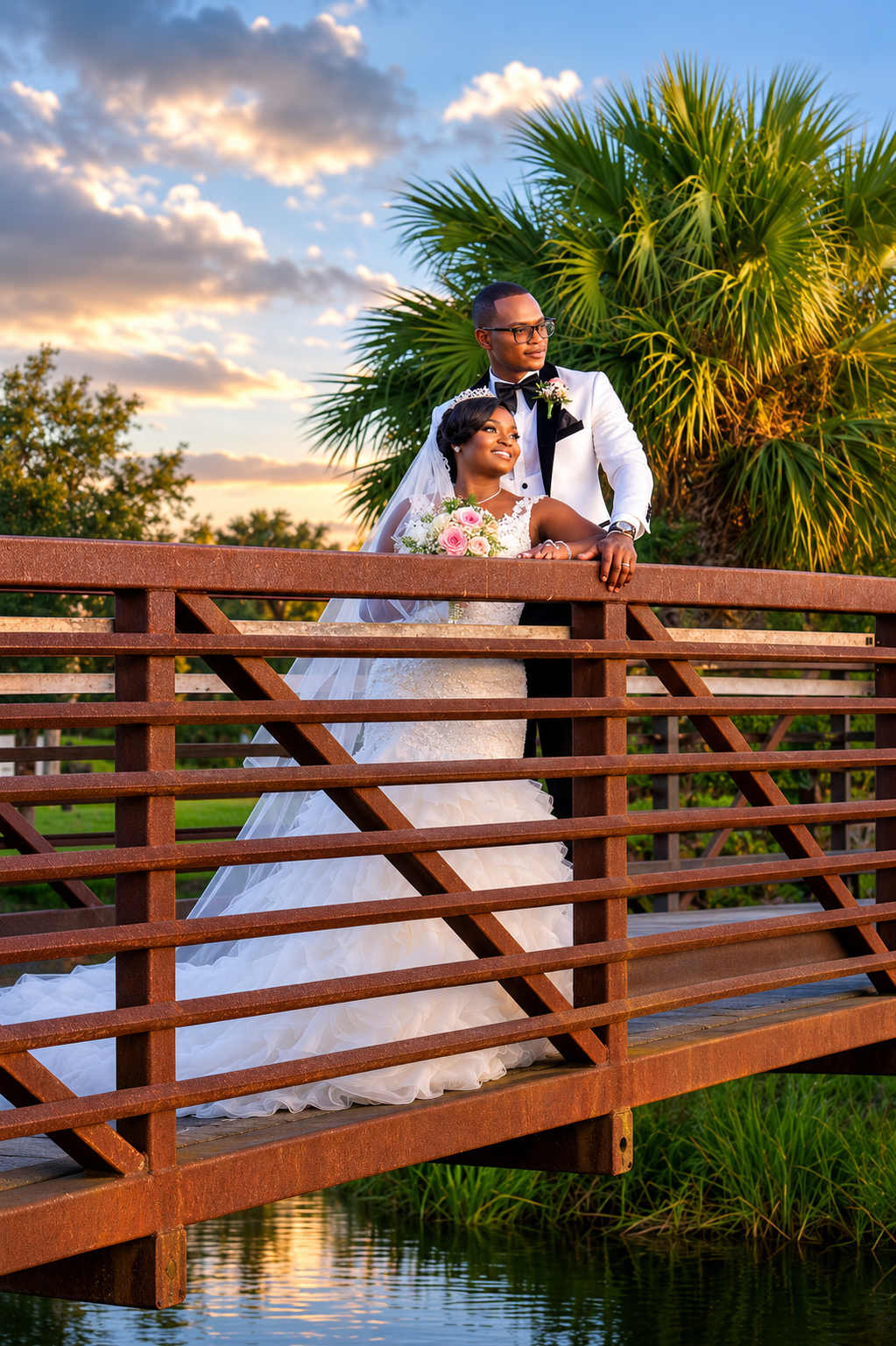 A newlywed couple stands on a wooden bridge, with the bride holding a bouquet of pink roses and the groom dressed in a white tuxedo with a black bow tie, backdrop of palm trees and a sunset sky.