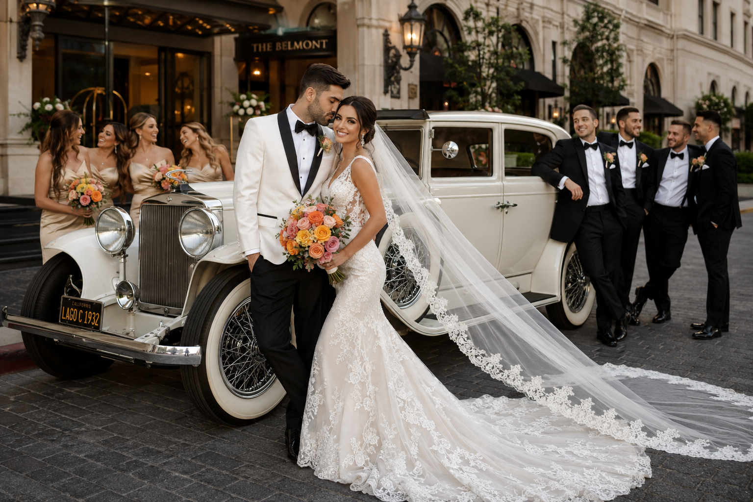 A bride and groom with a bridal party posing beside a vintage car in front of a hotel, with the bridal party dressed in formal attire and holding bouquets of colorful flowers.