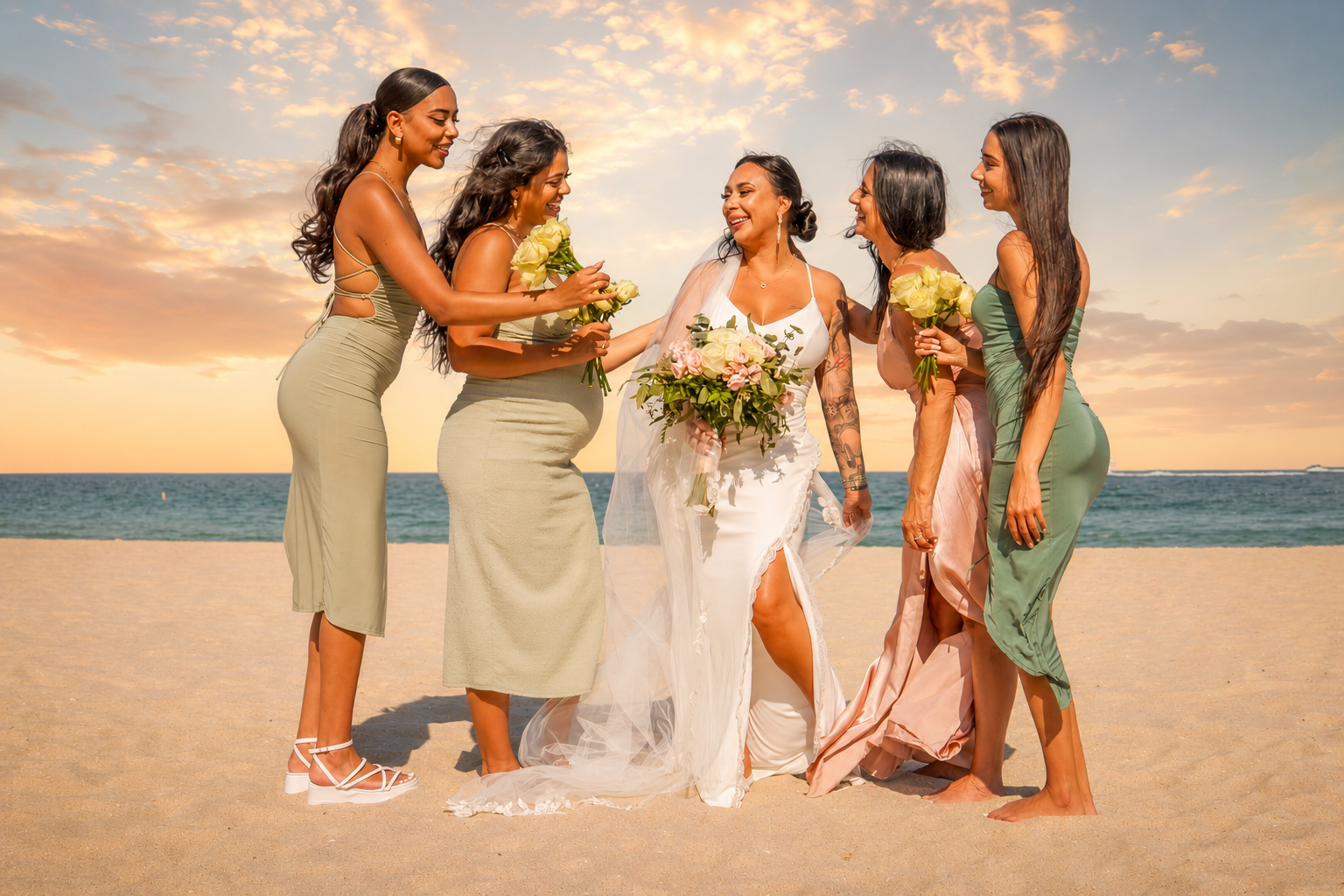 A bride in a white dress holding a bouquet of pink and white flowers, standing on the beach at sunset surrounded by five women in colorful dresses, all holding small bouquets of yellow roses, smiling and interacting.