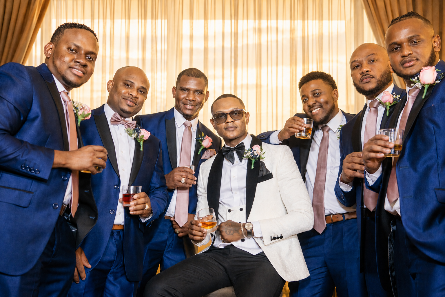 Group of seven stylish men dressed in suits and tuxedos, some with pink flowers pinned on their lapels, enjoying drinks at a celebration or wedding indoors with golden curtains in the background.