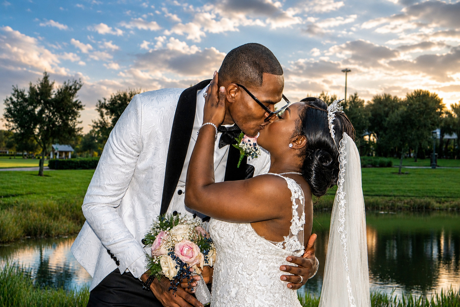 A bride and groom share a kiss during their wedding ceremony outdoors at sunset, with a lake and trees in the background.