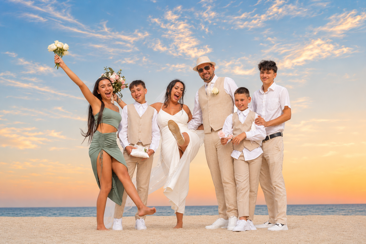 A wedding party celebrating on the beach at sunset, including a bride, groom, four young boys, and two young women, all dressed in formal and semi-formal attire, with smiles and joyful expressions.