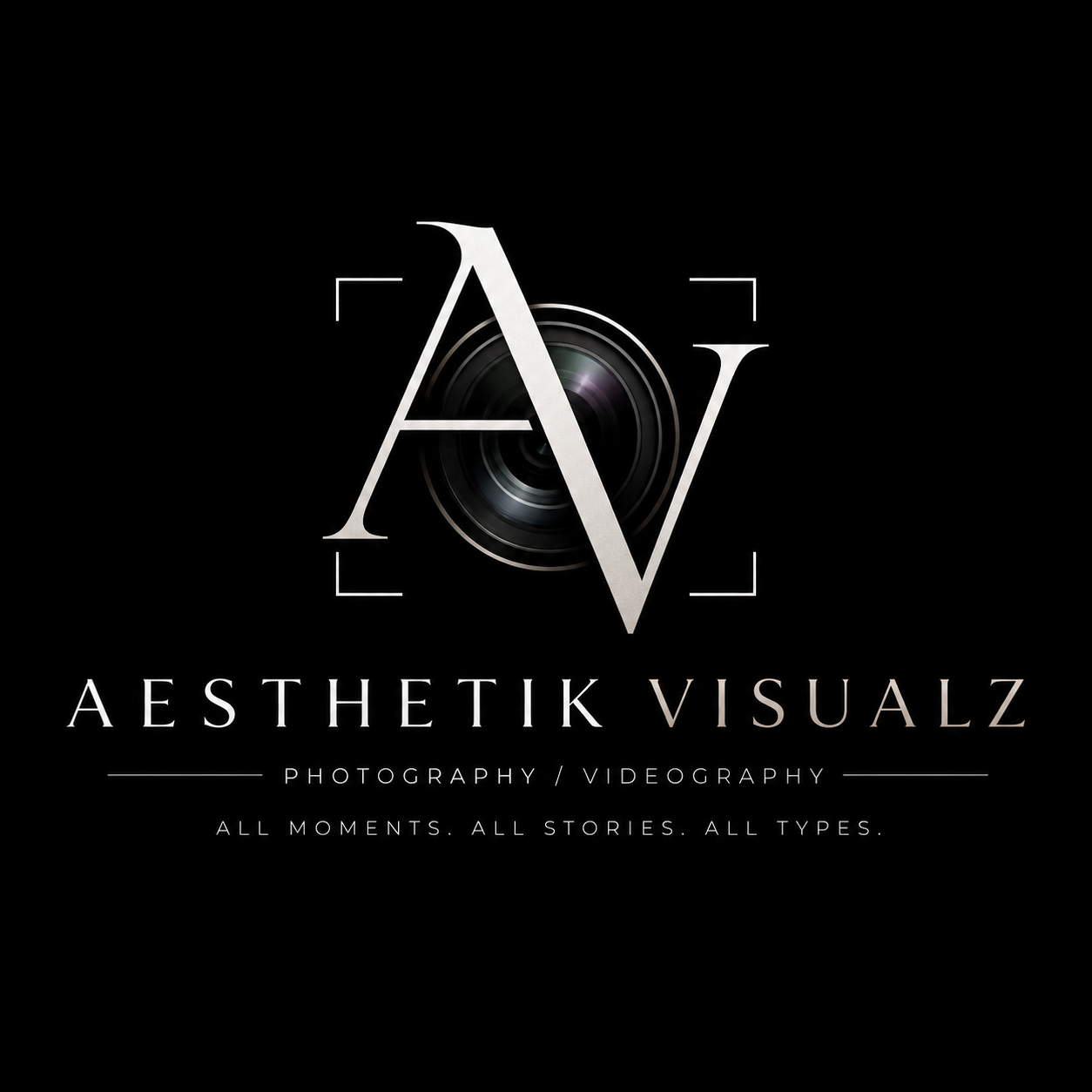 Logo for Aesthetic Visualz featuring a camera lens and stylized initials AV, with text for photography and videography services.