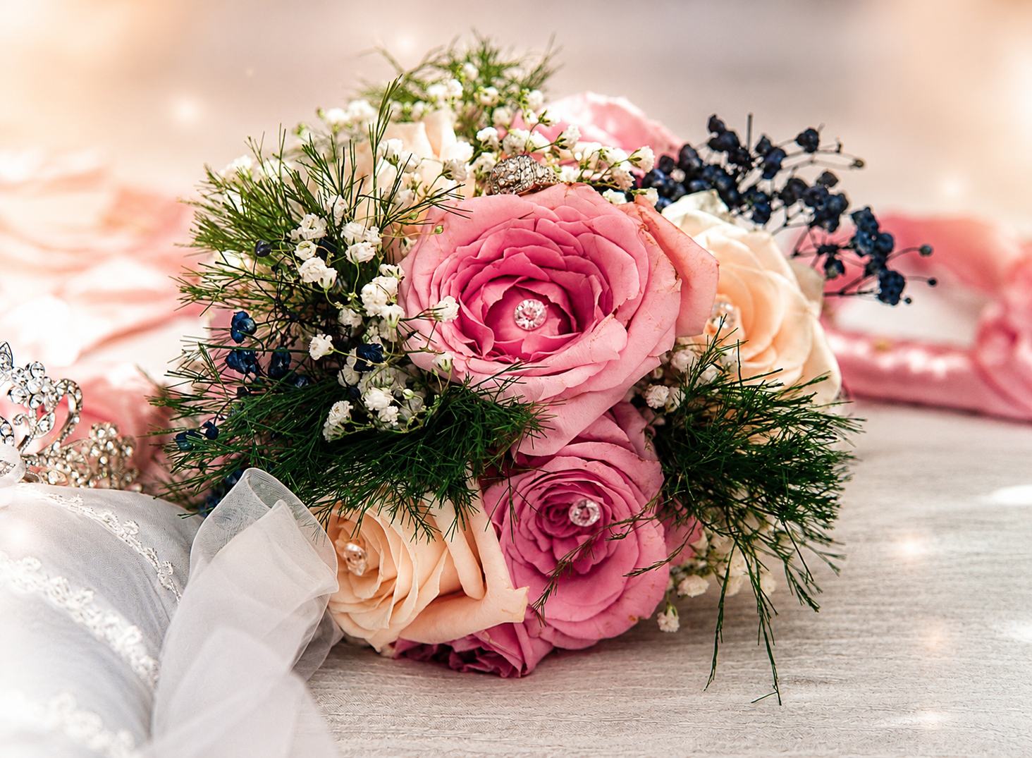 Close-up of a floral bouquet with pink, white, and peach roses, white baby's breath, and dark purple berries, on a light wooden surface with pink ribbons and jewelry around.